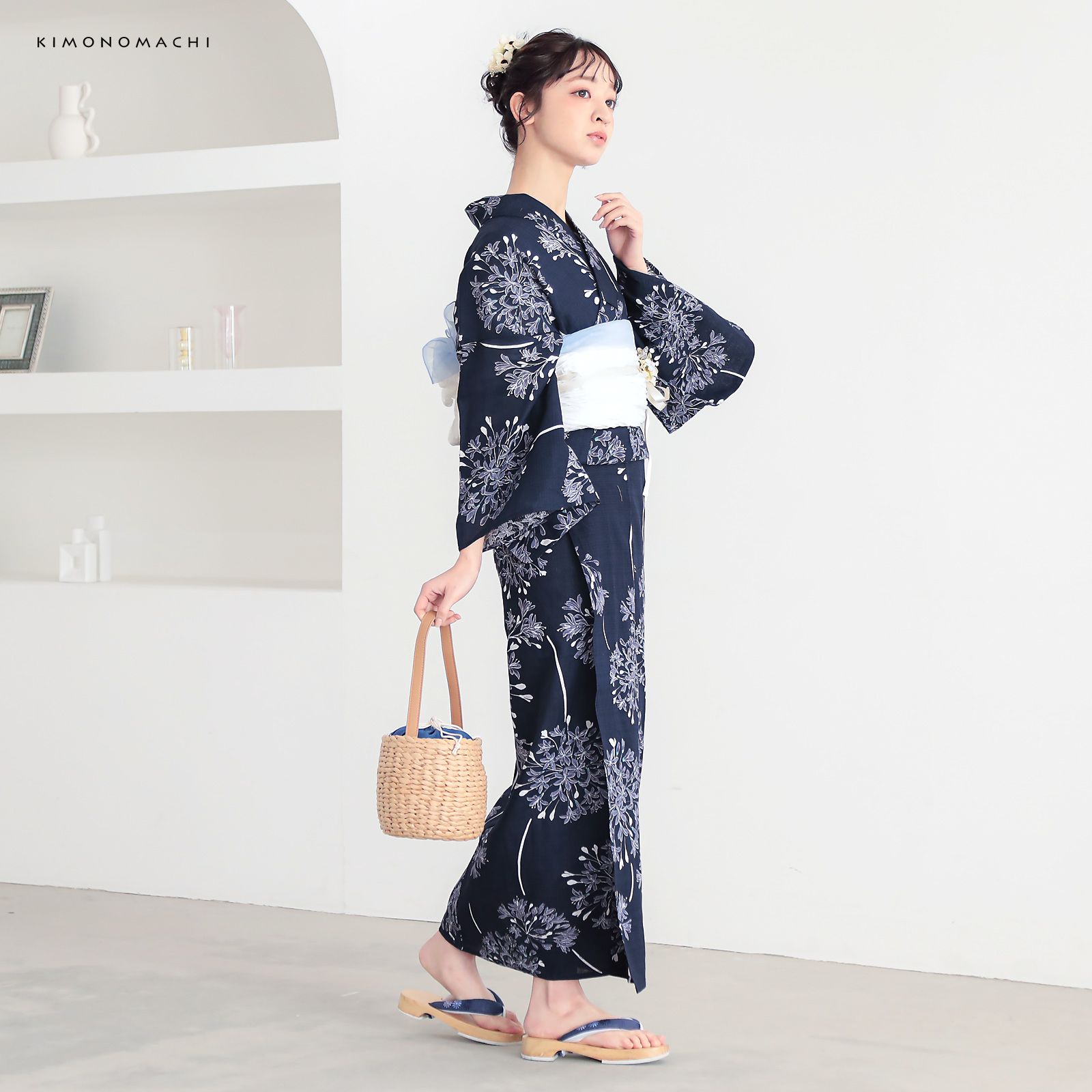 綿レディース浴衣：02アガパンサス　ディープネイビー