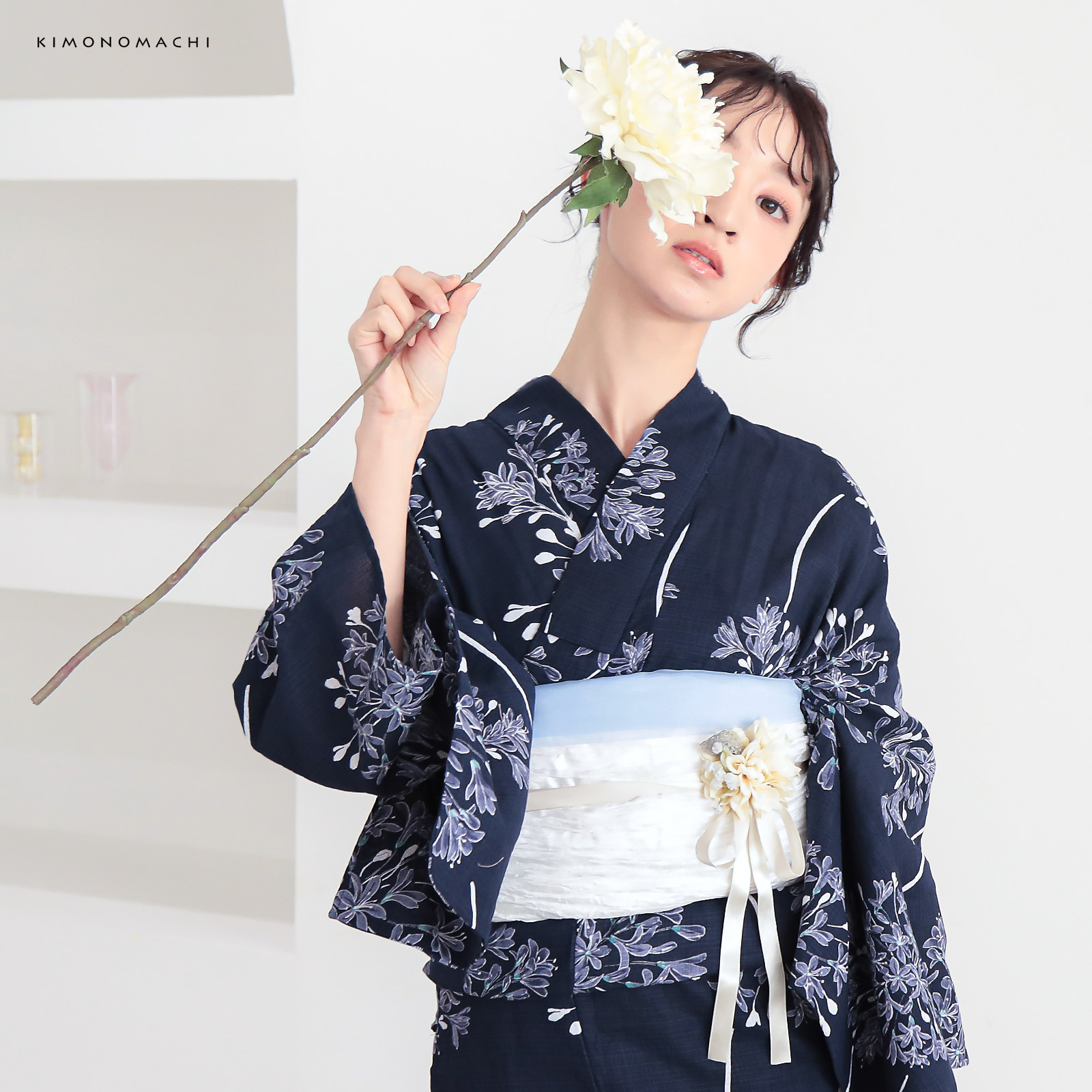 綿レディース浴衣：02アガパンサス　ディープネイビー