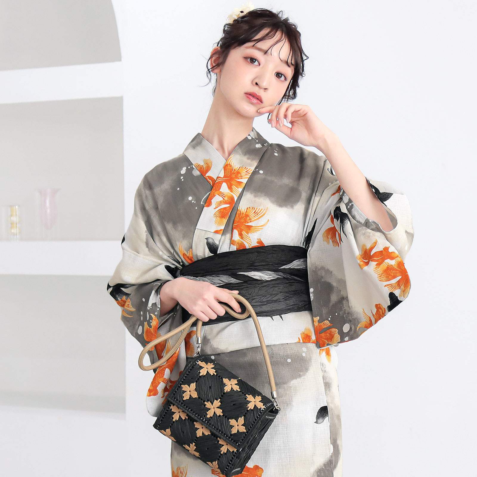 綿レディース浴衣：03ゆらぎ金魚　レッド×ブラック