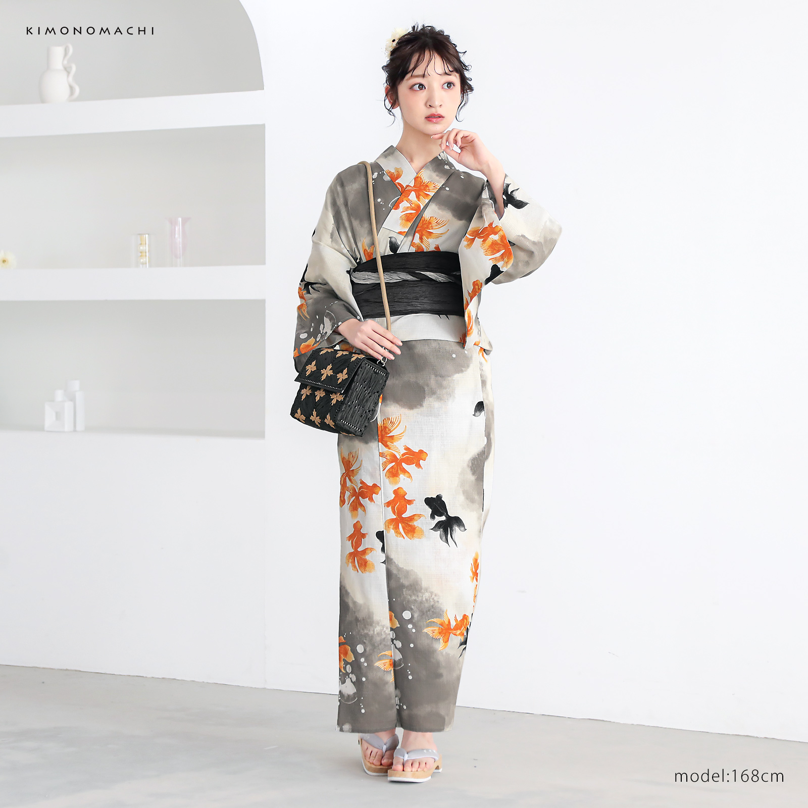 綿レディース浴衣：03ゆらぎ金魚　レッド×ブラック