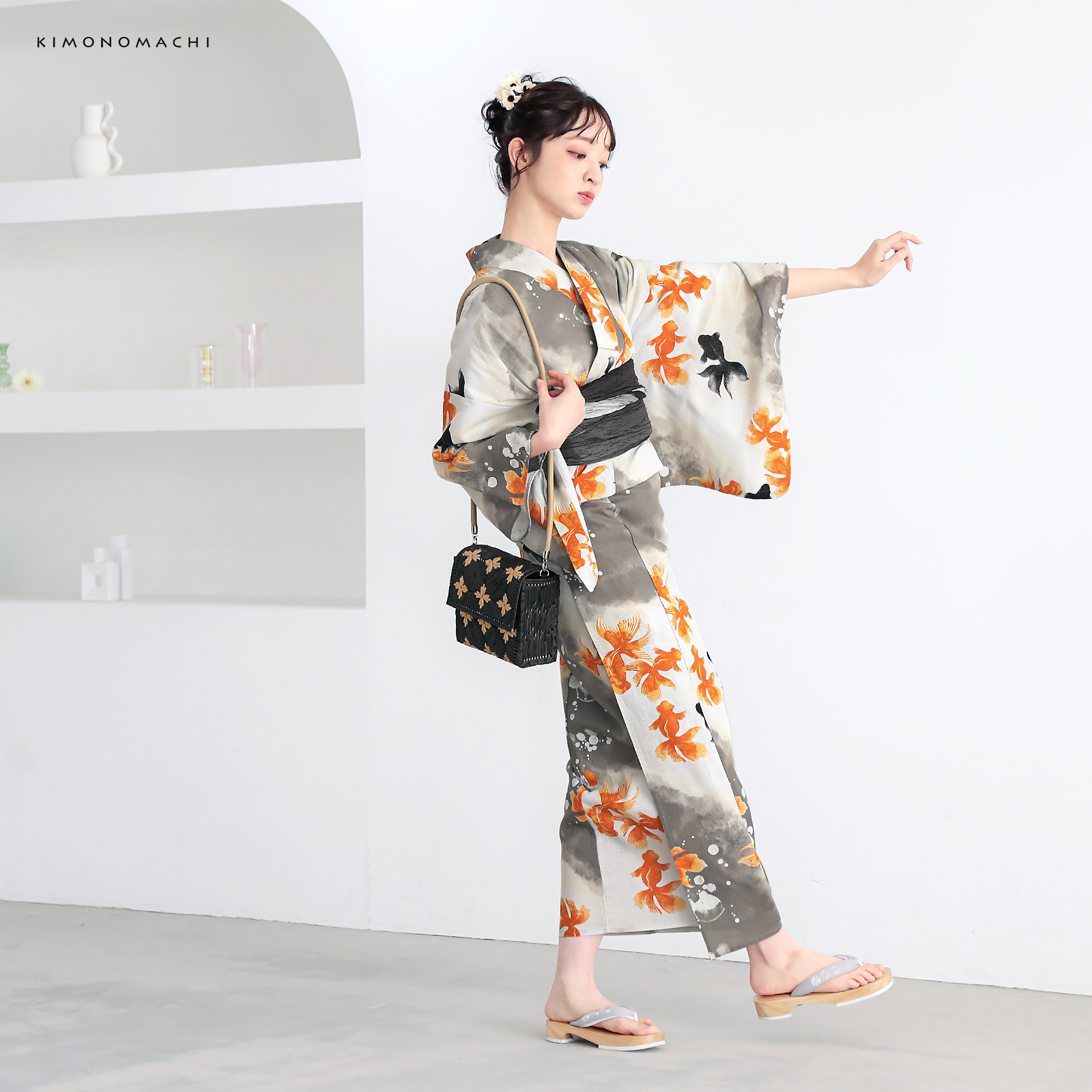 綿レディース浴衣：03ゆらぎ金魚　レッド×ブラック