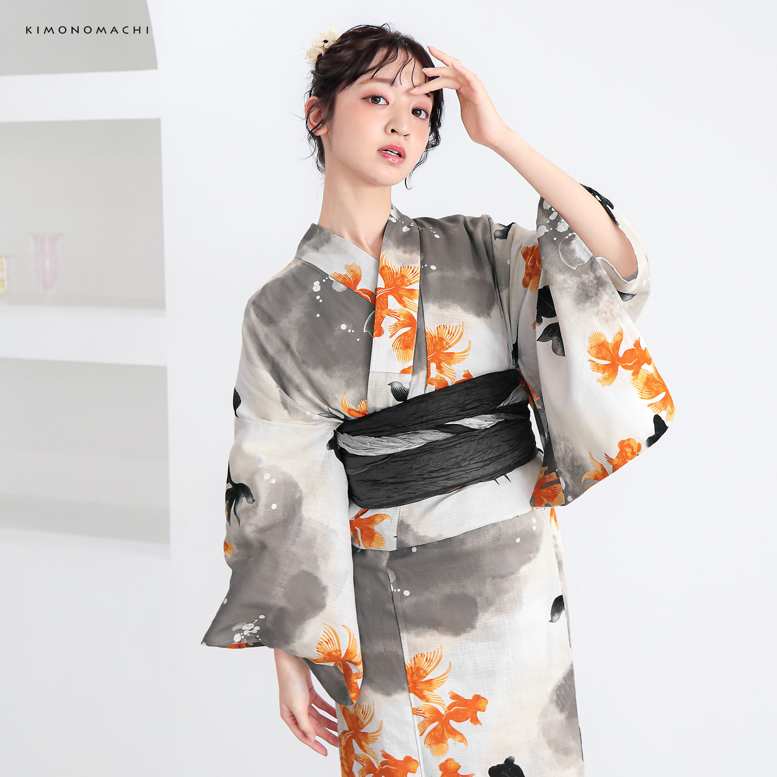 綿レディース浴衣：03ゆらぎ金魚　レッド×ブラック