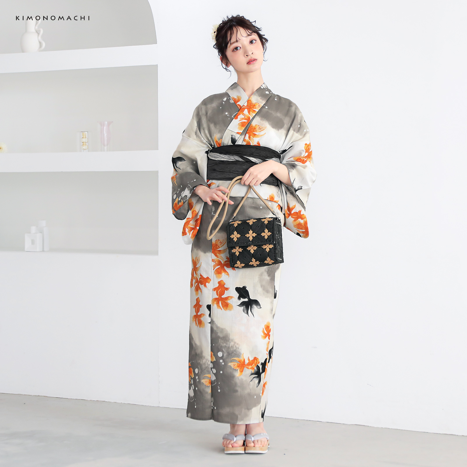 綿レディース浴衣：03ゆらぎ金魚　レッド×ブラック