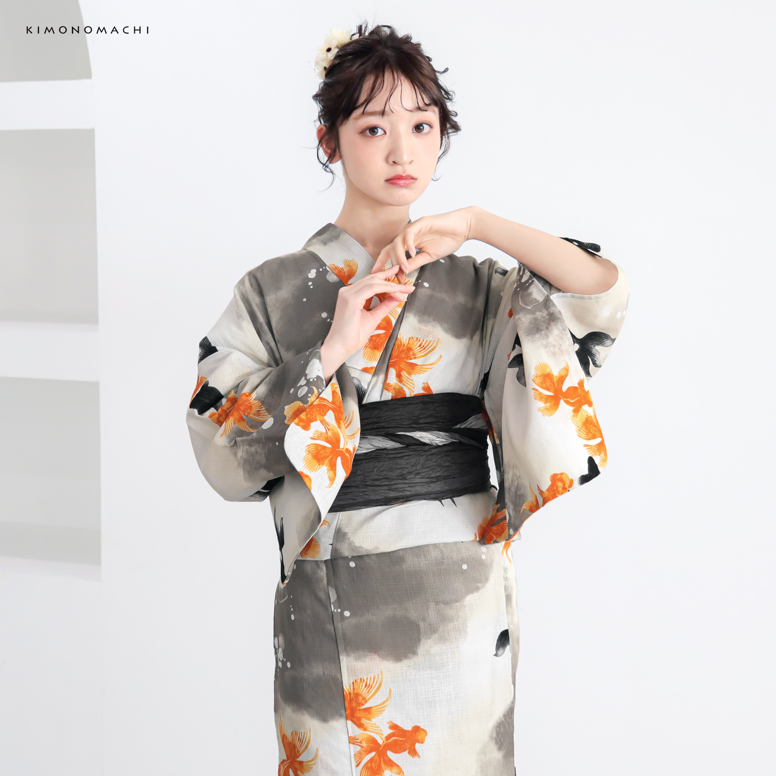 綿レディース浴衣：03ゆらぎ金魚　レッド×ブラック