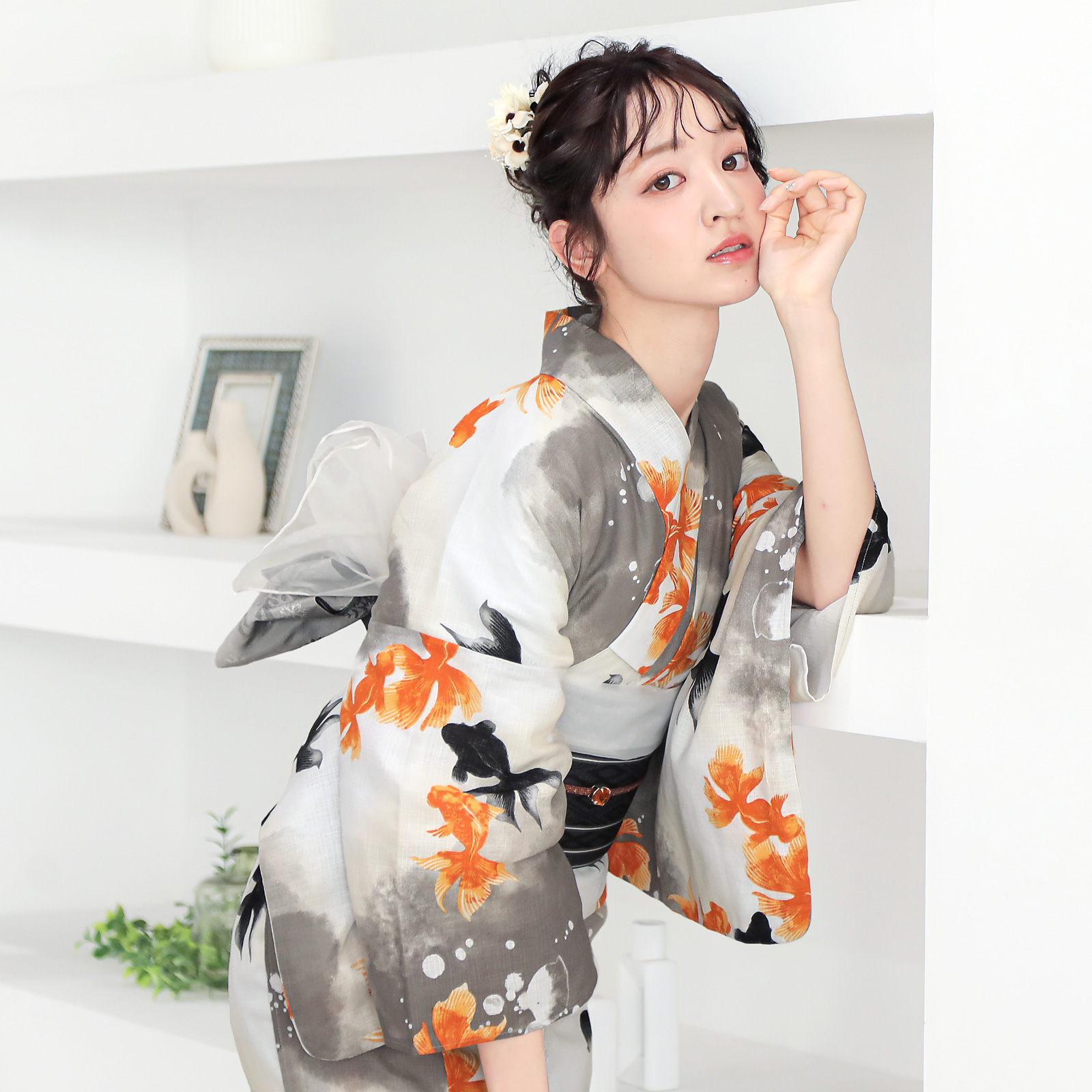 綿レディース浴衣：03ゆらぎ金魚　レッド×ブラック