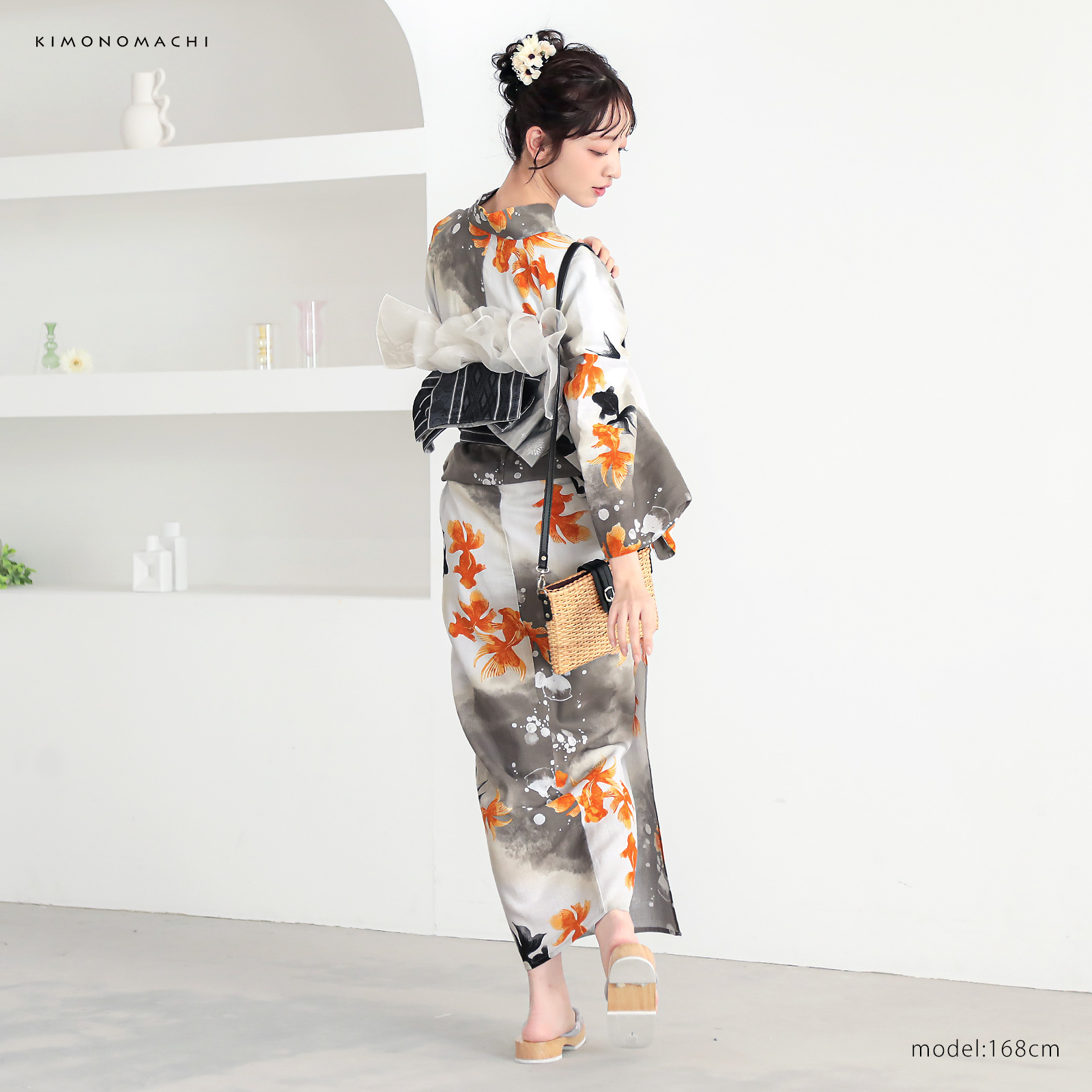 綿レディース浴衣：03ゆらぎ金魚　レッド×ブラック