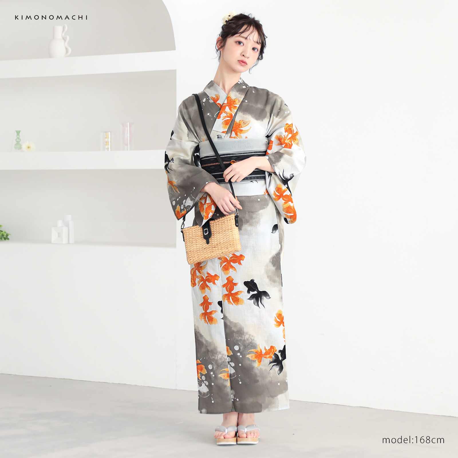 綿レディース浴衣：03ゆらぎ金魚　レッド×ブラック