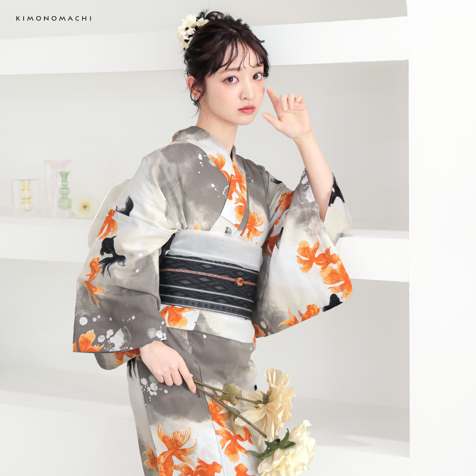 綿レディース浴衣：03ゆらぎ金魚　レッド×ブラック