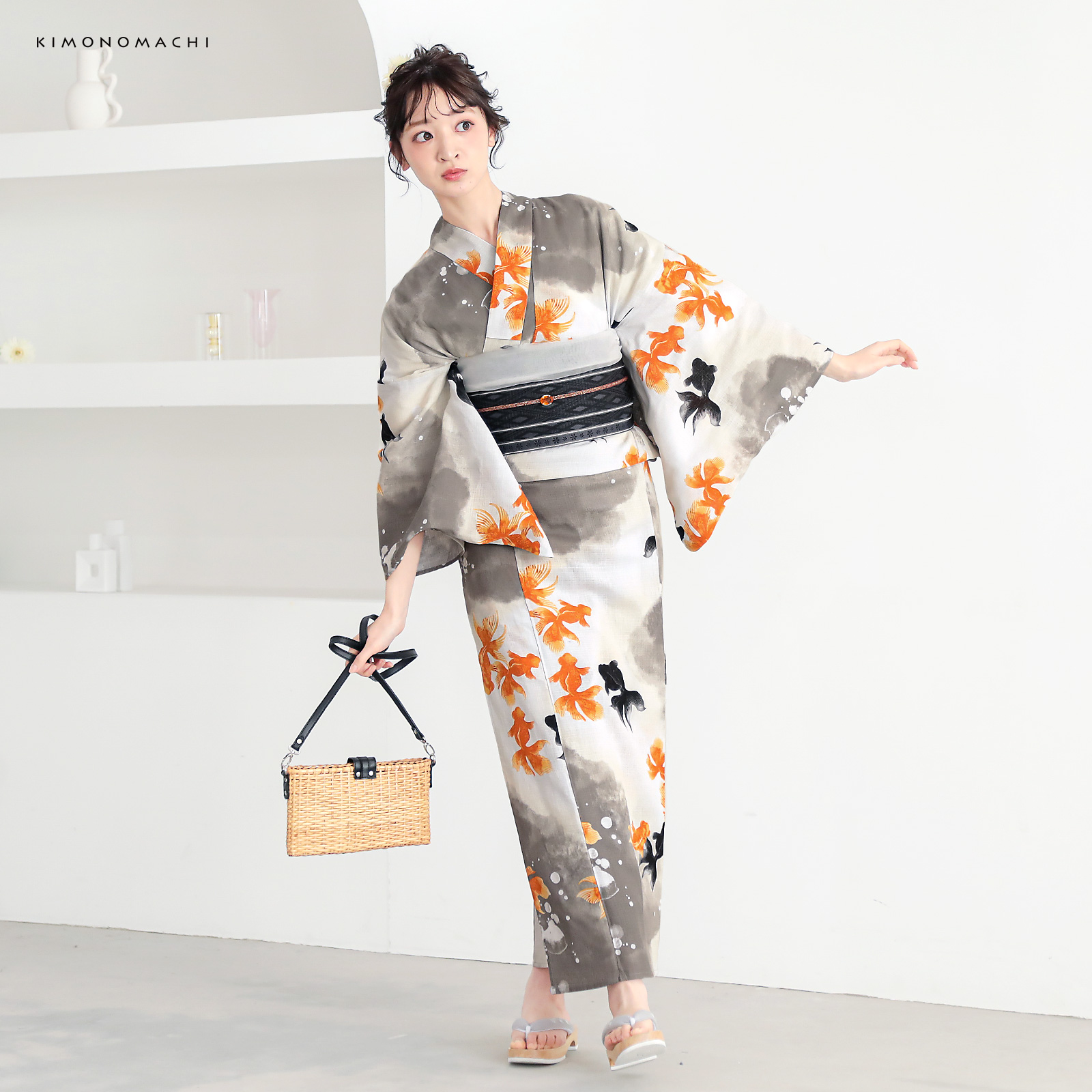 綿レディース浴衣：03ゆらぎ金魚　レッド×ブラック