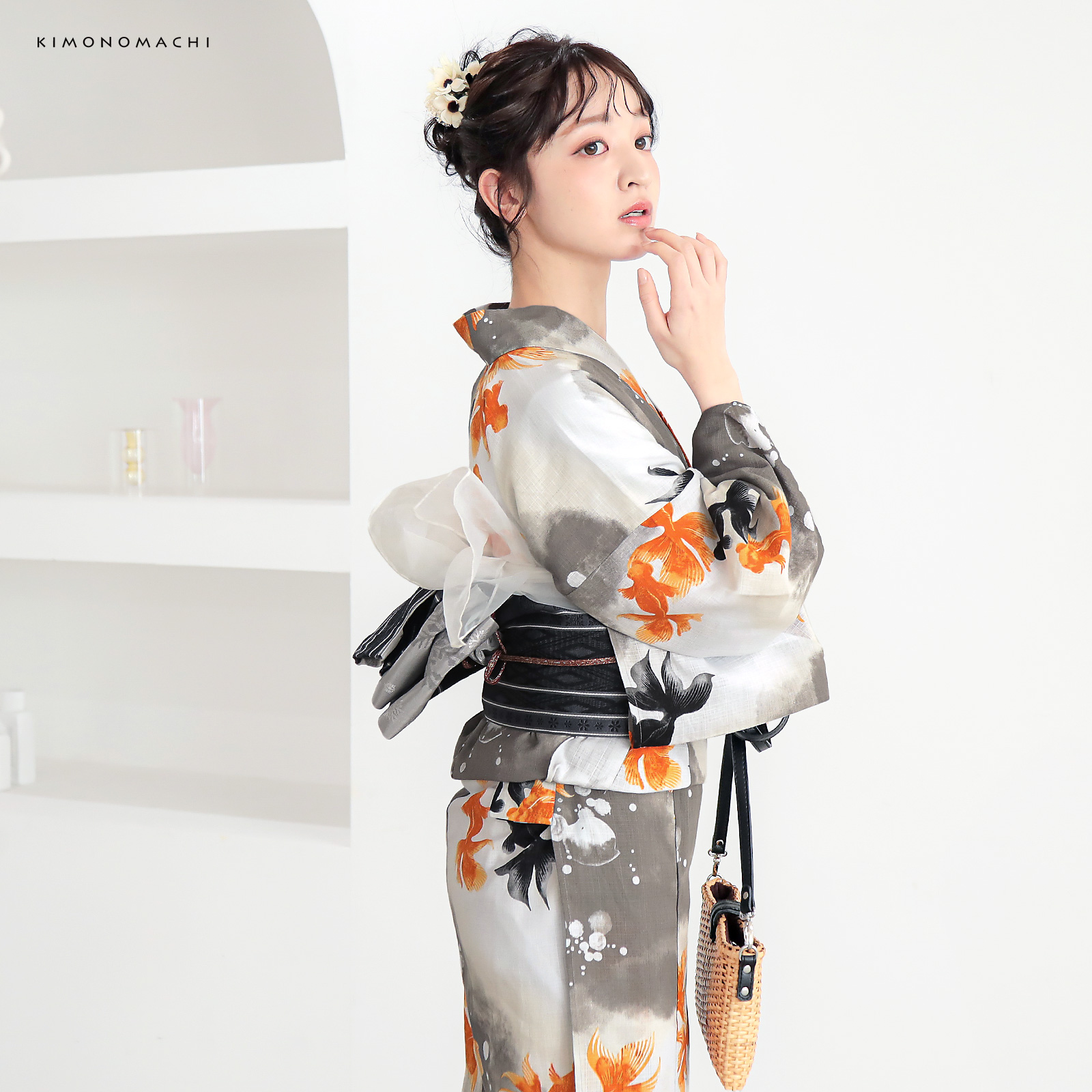 綿レディース浴衣：03ゆらぎ金魚　レッド×ブラック