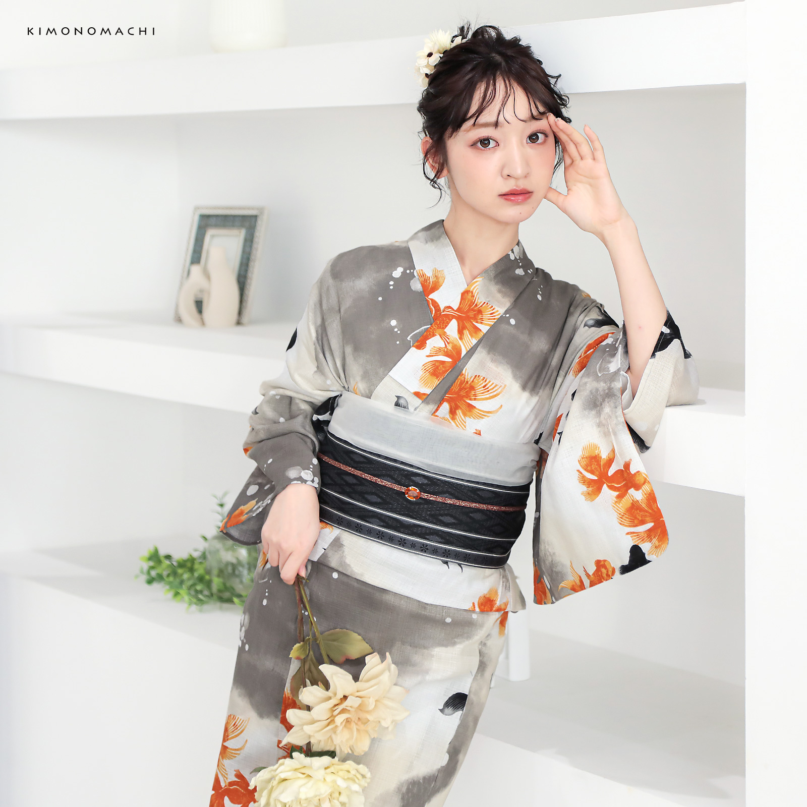 綿レディース浴衣：03ゆらぎ金魚　レッド×ブラック