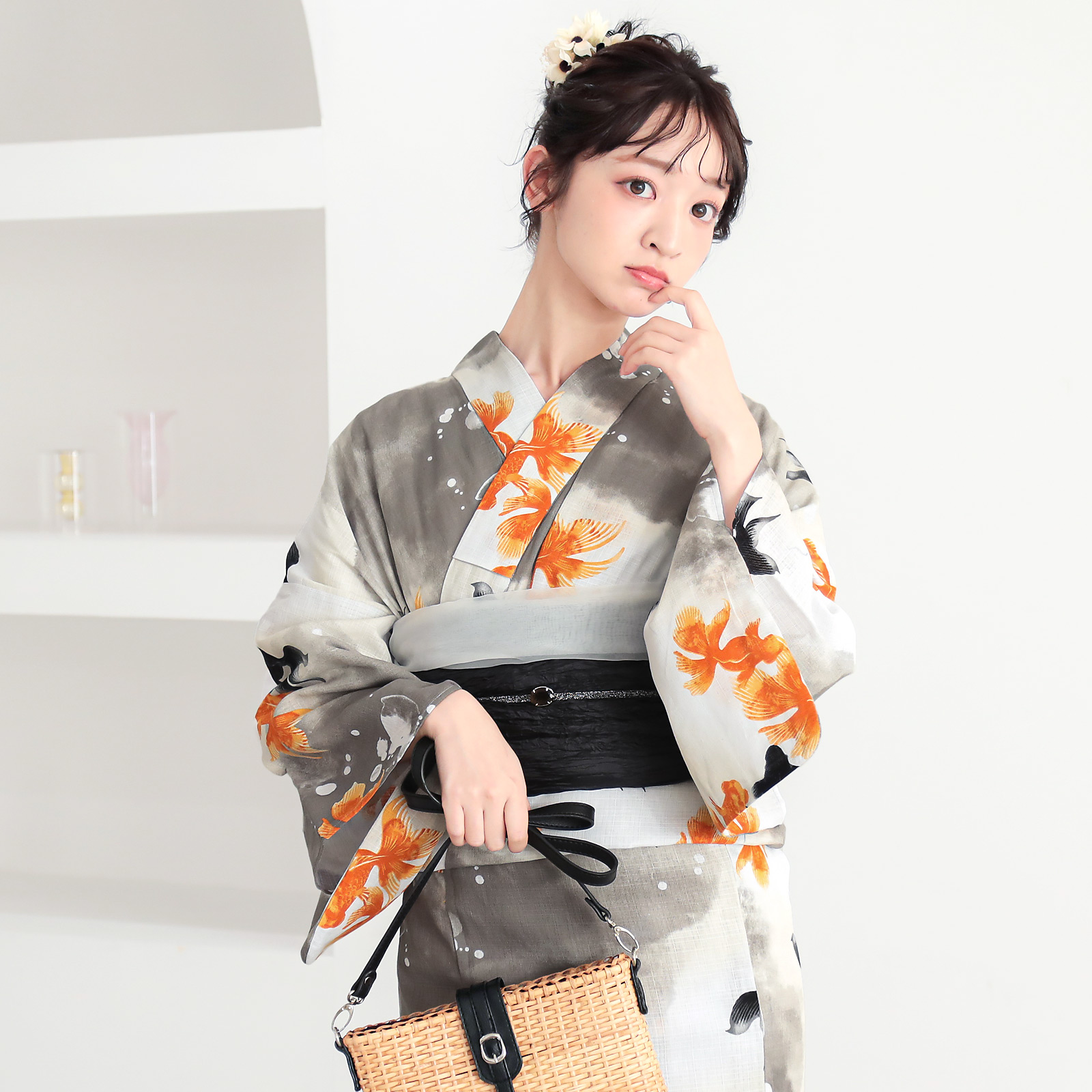 綿レディース浴衣：03ゆらぎ金魚　レッド×ブラック