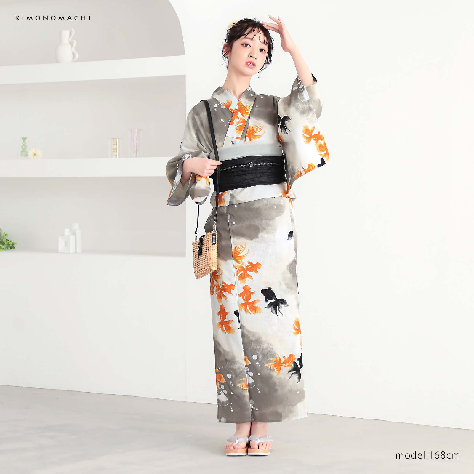 綿レディース浴衣：03ゆらぎ金魚　レッド×ブラック