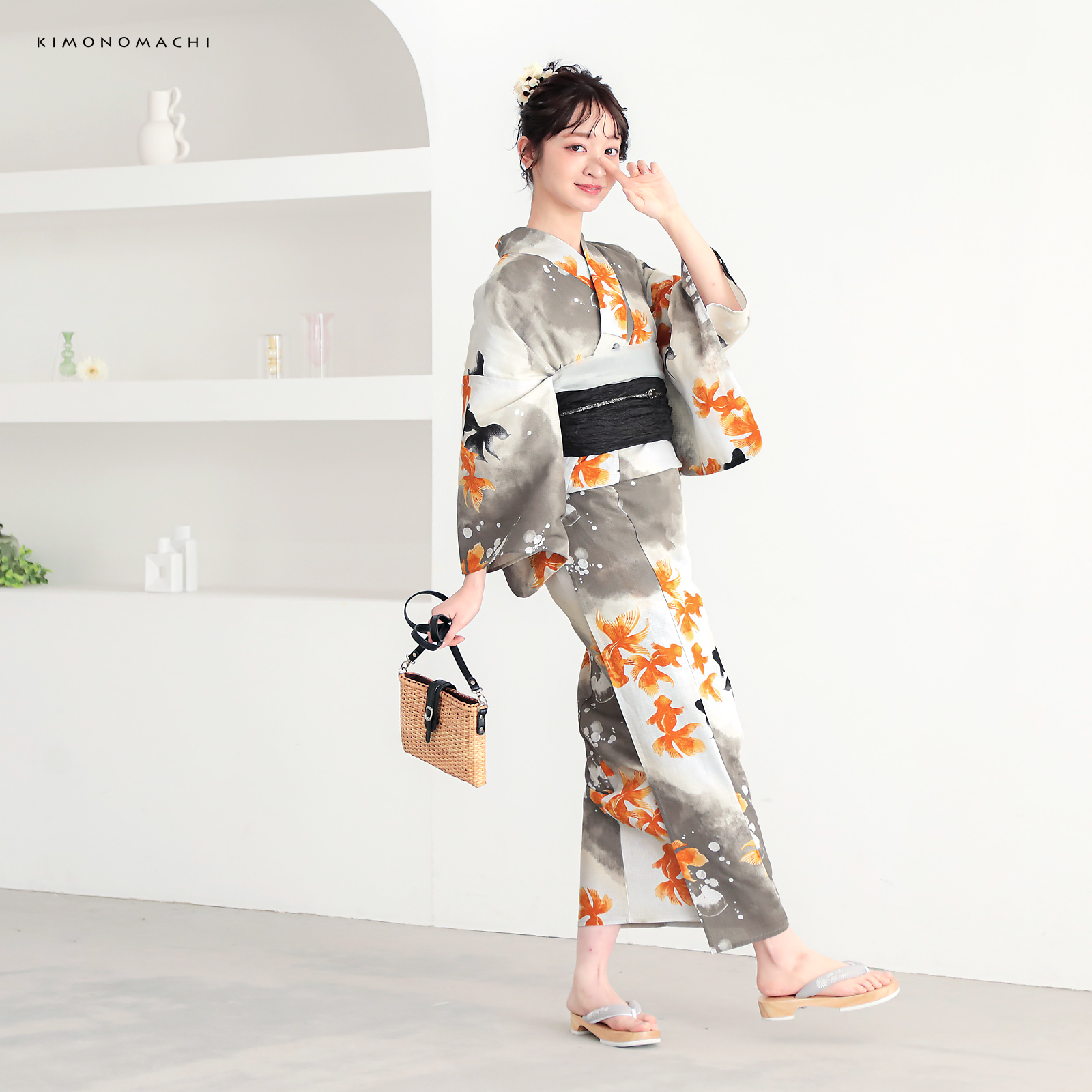 綿レディース浴衣：03ゆらぎ金魚　レッド×ブラック