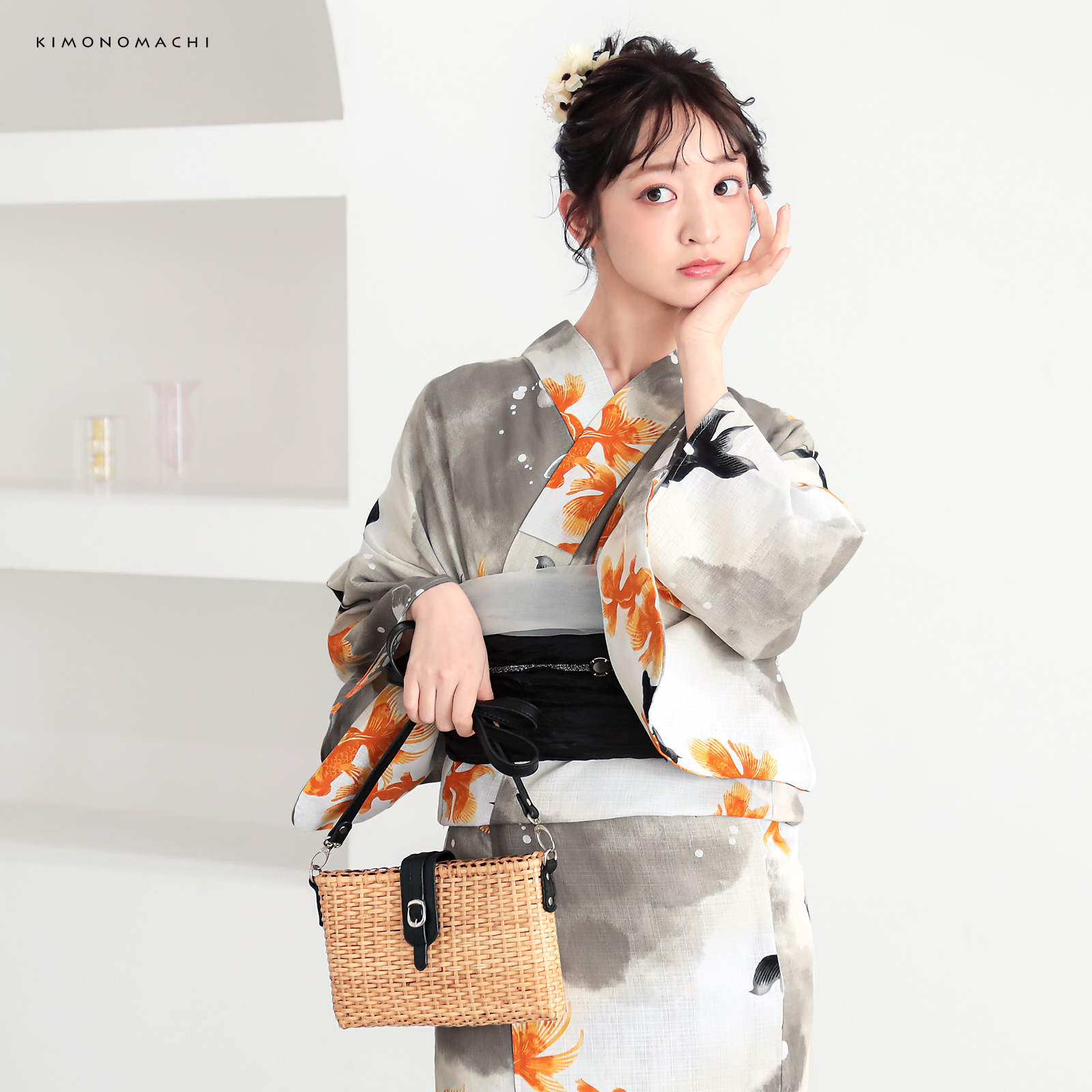 綿レディース浴衣：03ゆらぎ金魚　レッド×ブラック