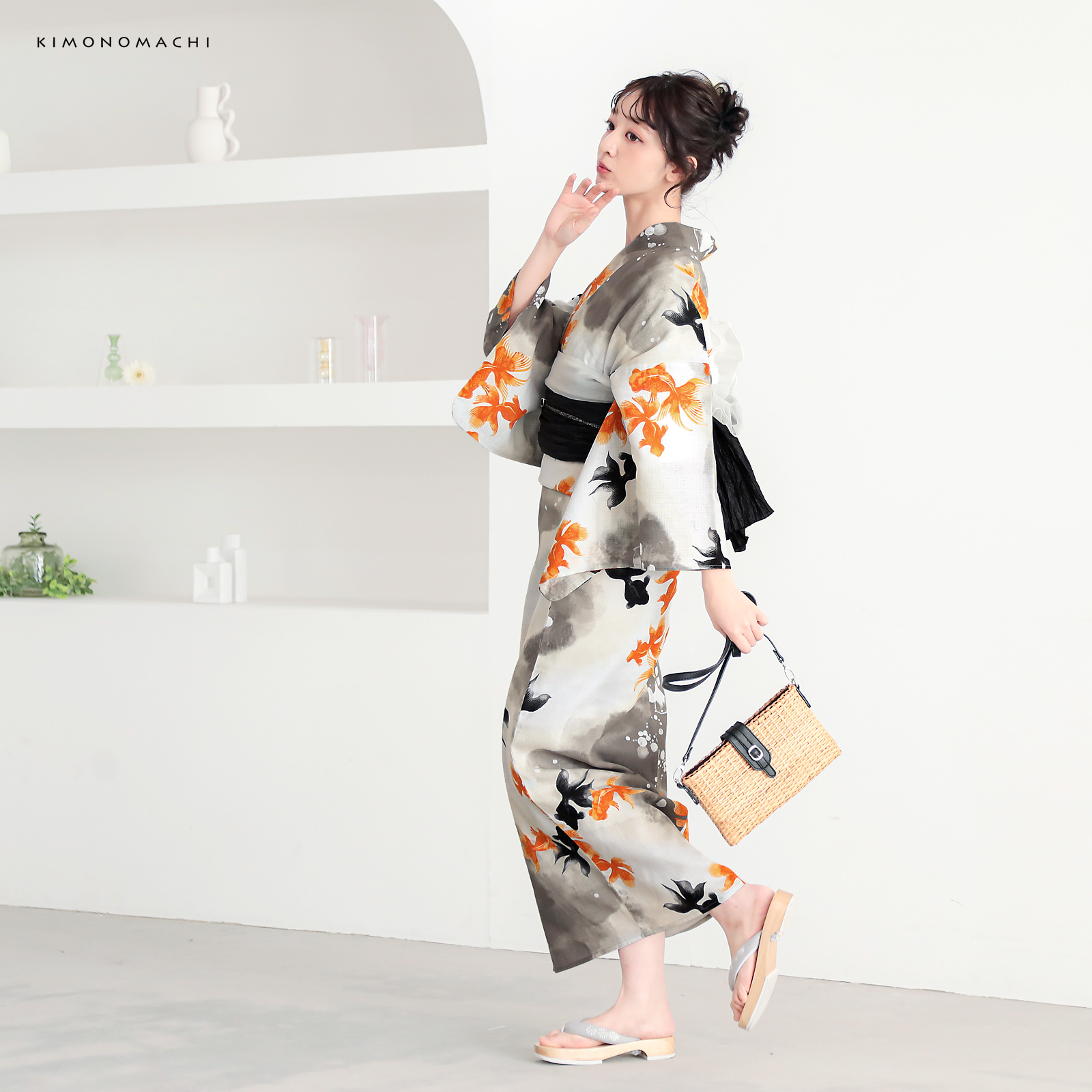 綿レディース浴衣：03ゆらぎ金魚　レッド×ブラック