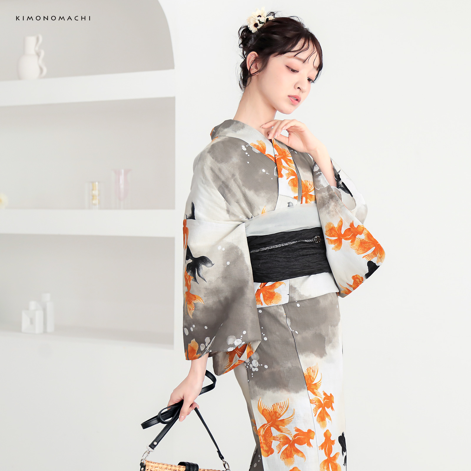 綿レディース浴衣：03ゆらぎ金魚　レッド×ブラック