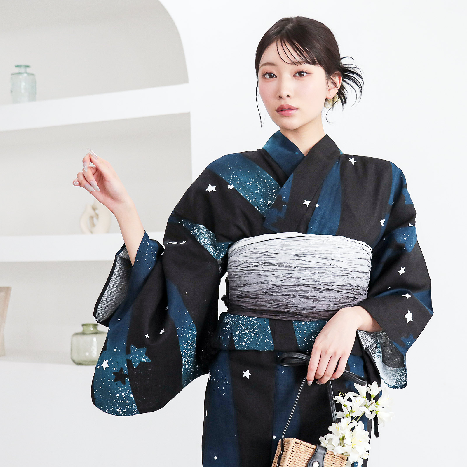 綿レディース浴衣：04天の川　ミッドナイトグリーン