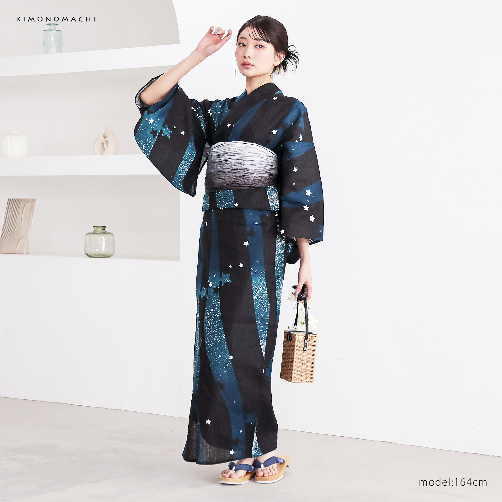 綿レディース浴衣：04天の川　ミッドナイトグリーン