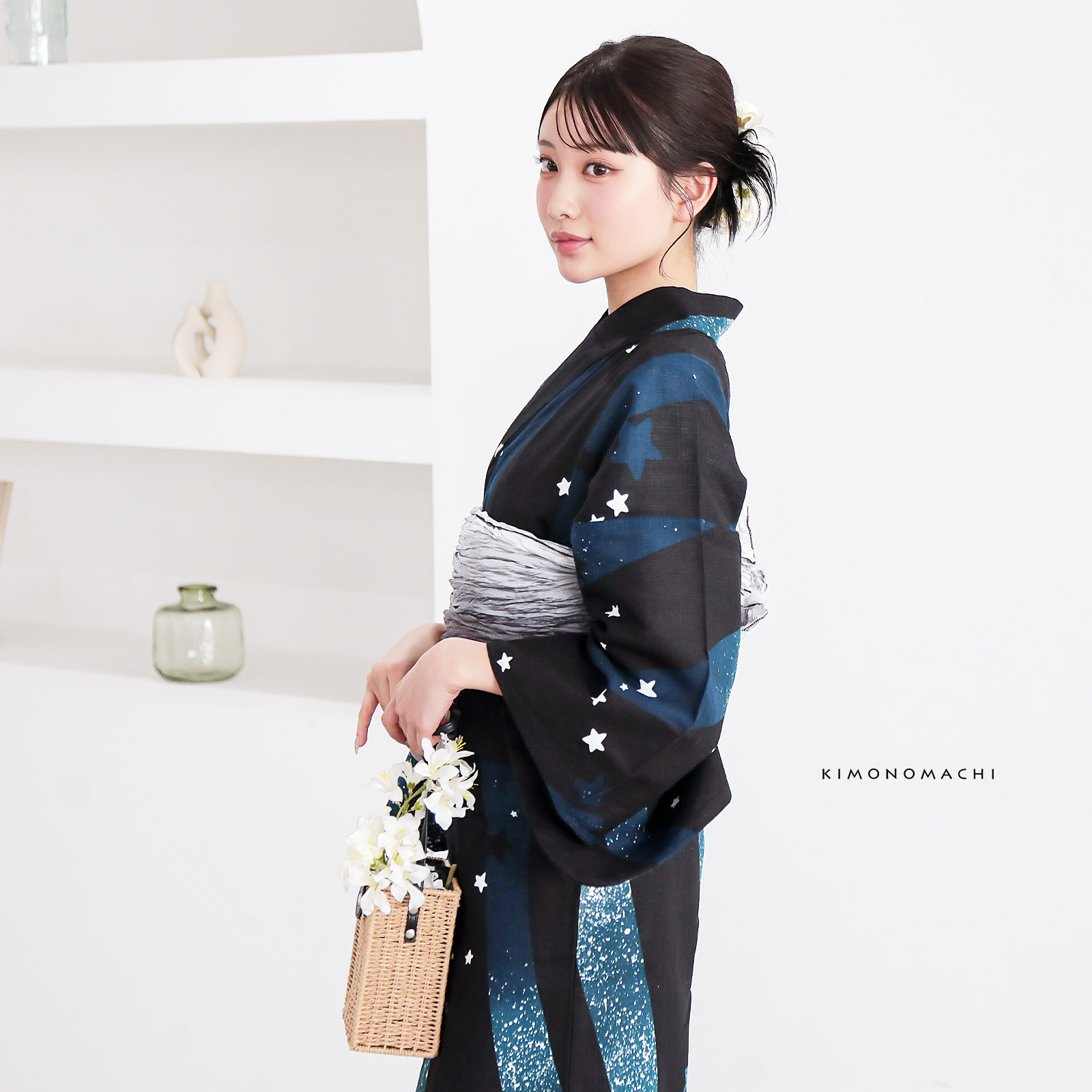 綿レディース浴衣：04天の川　ミッドナイトグリーン