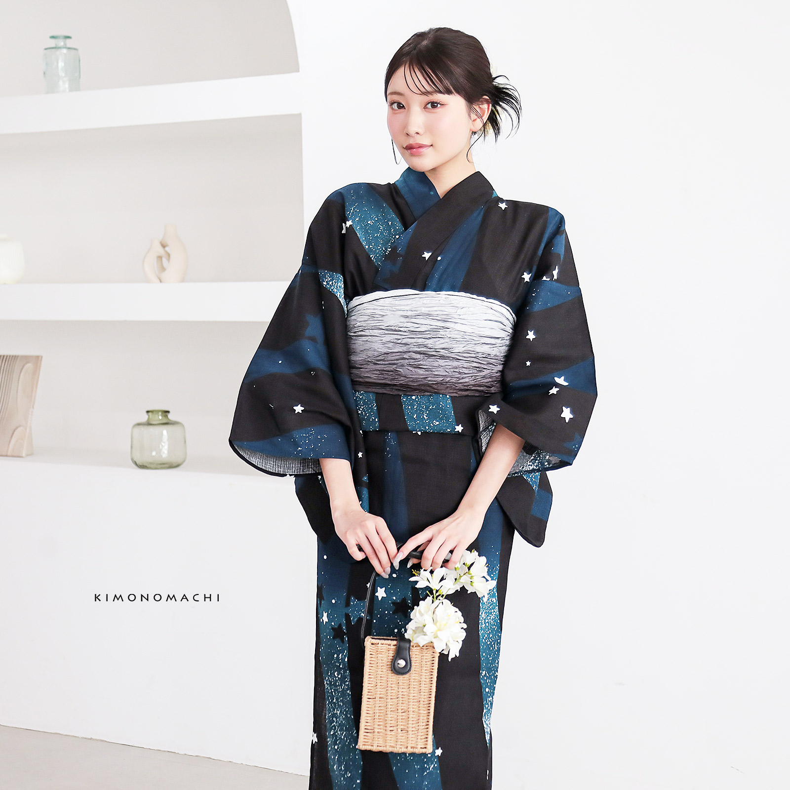 綿レディース浴衣：04天の川　ミッドナイトグリーン