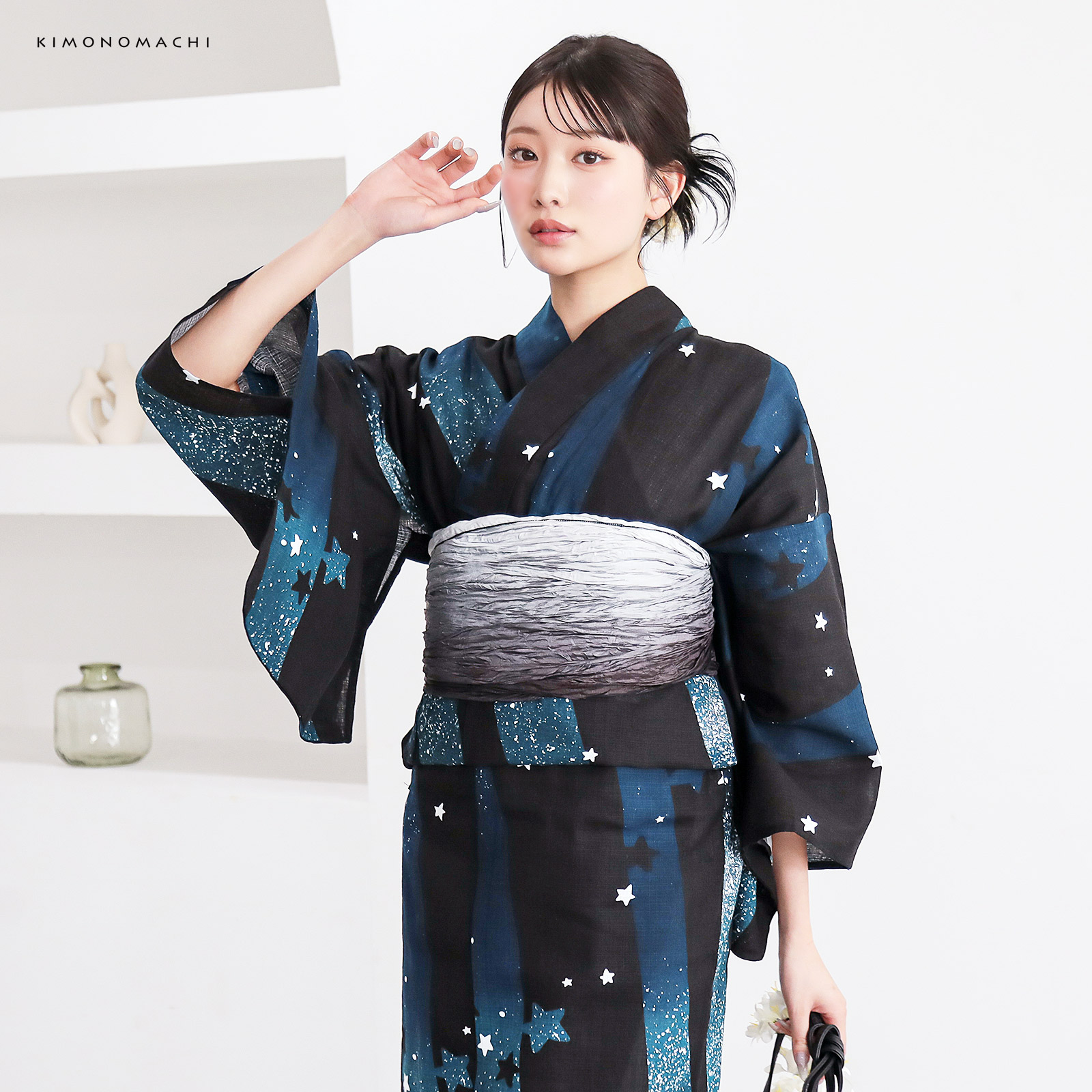 綿レディース浴衣：04天の川　ミッドナイトグリーン