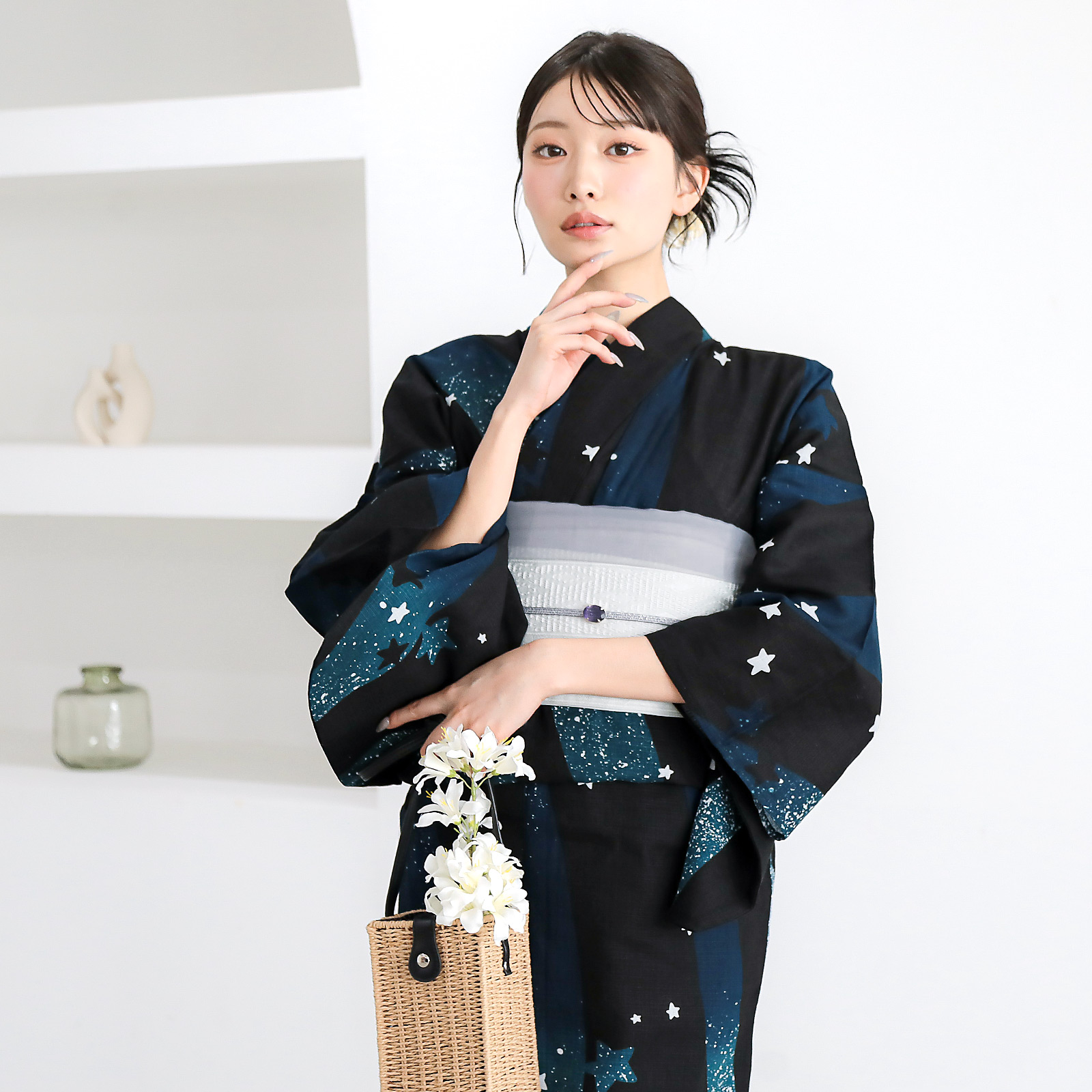 綿レディース浴衣：04天の川　ミッドナイトグリーン