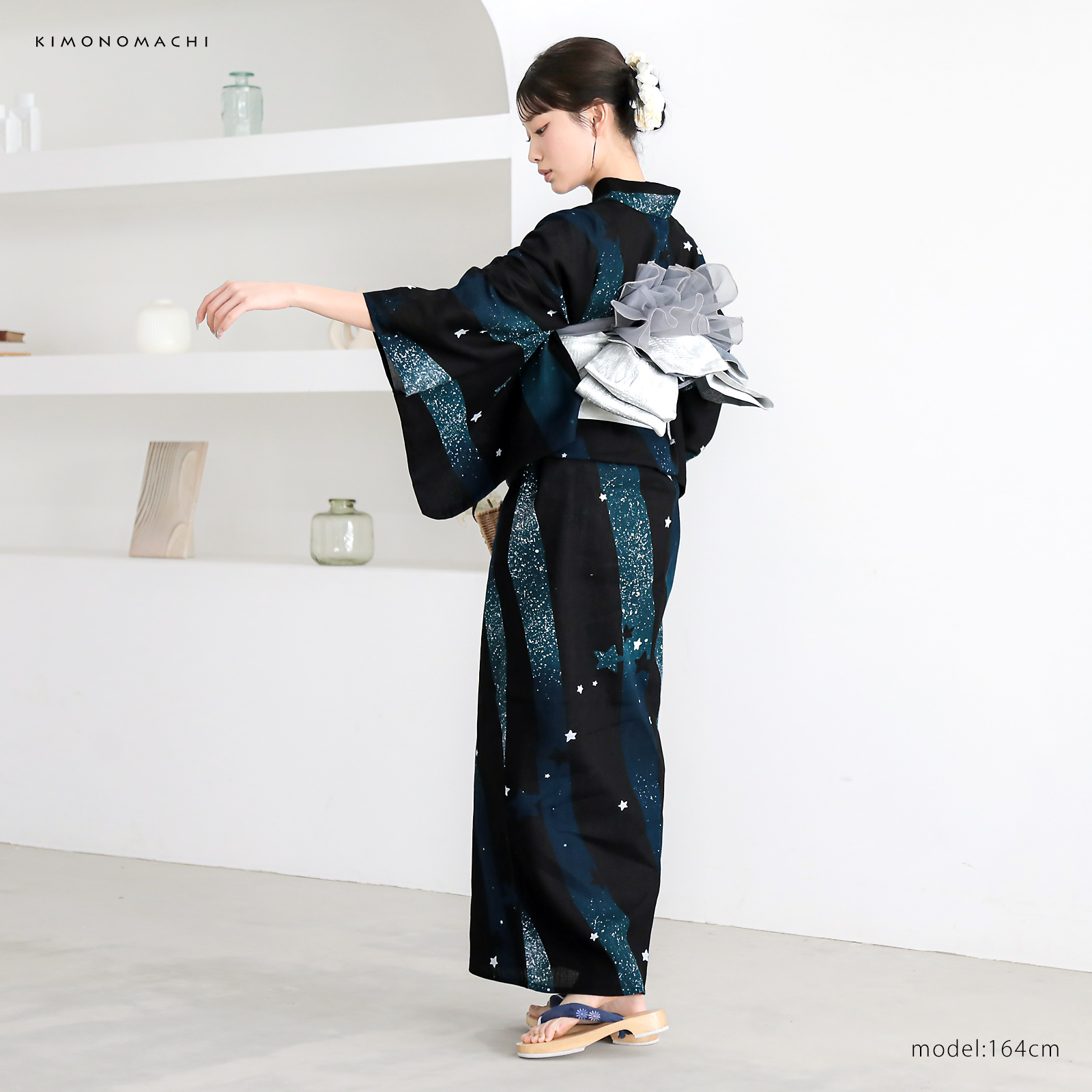 綿レディース浴衣：04天の川　ミッドナイトグリーン