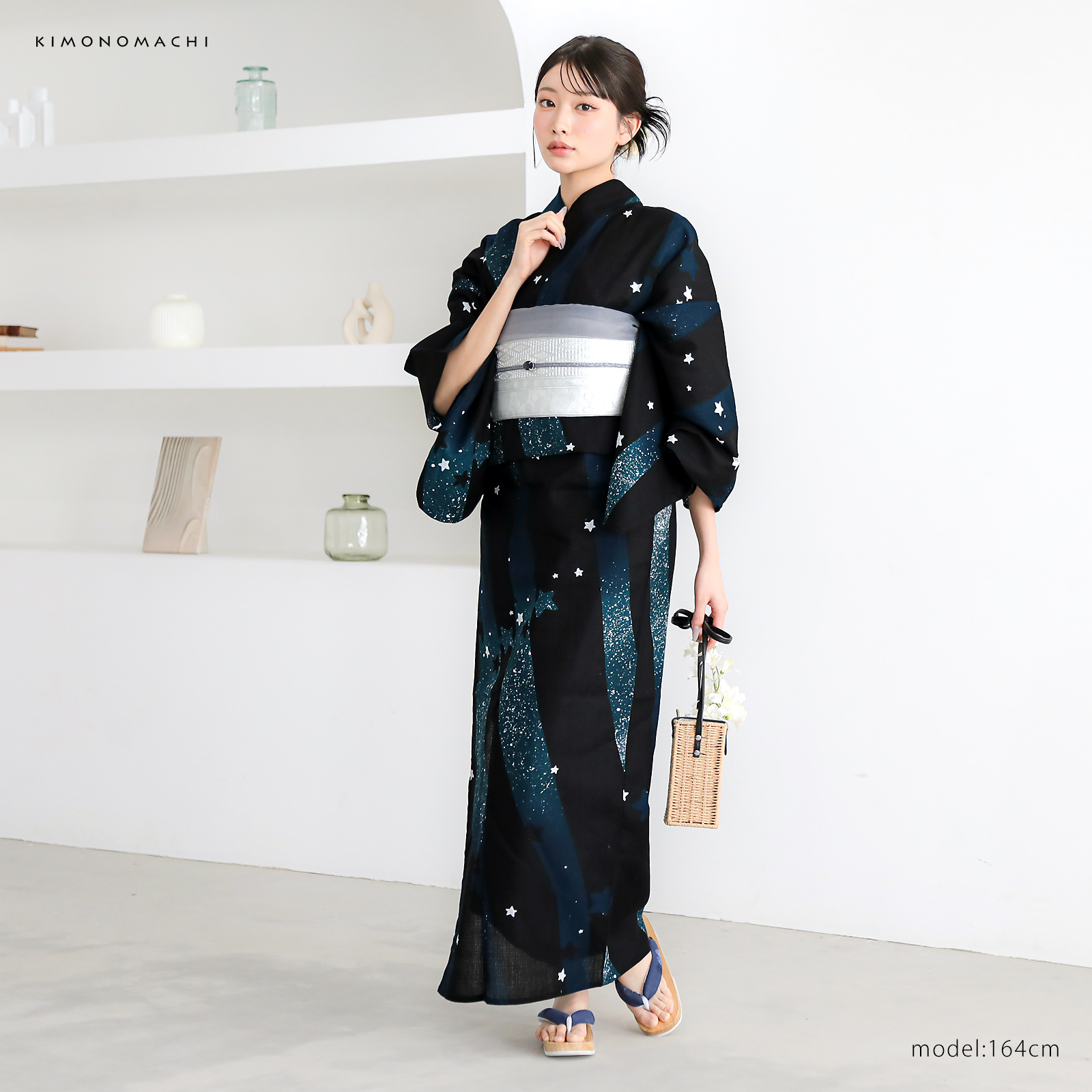 綿レディース浴衣：04天の川　ミッドナイトグリーン