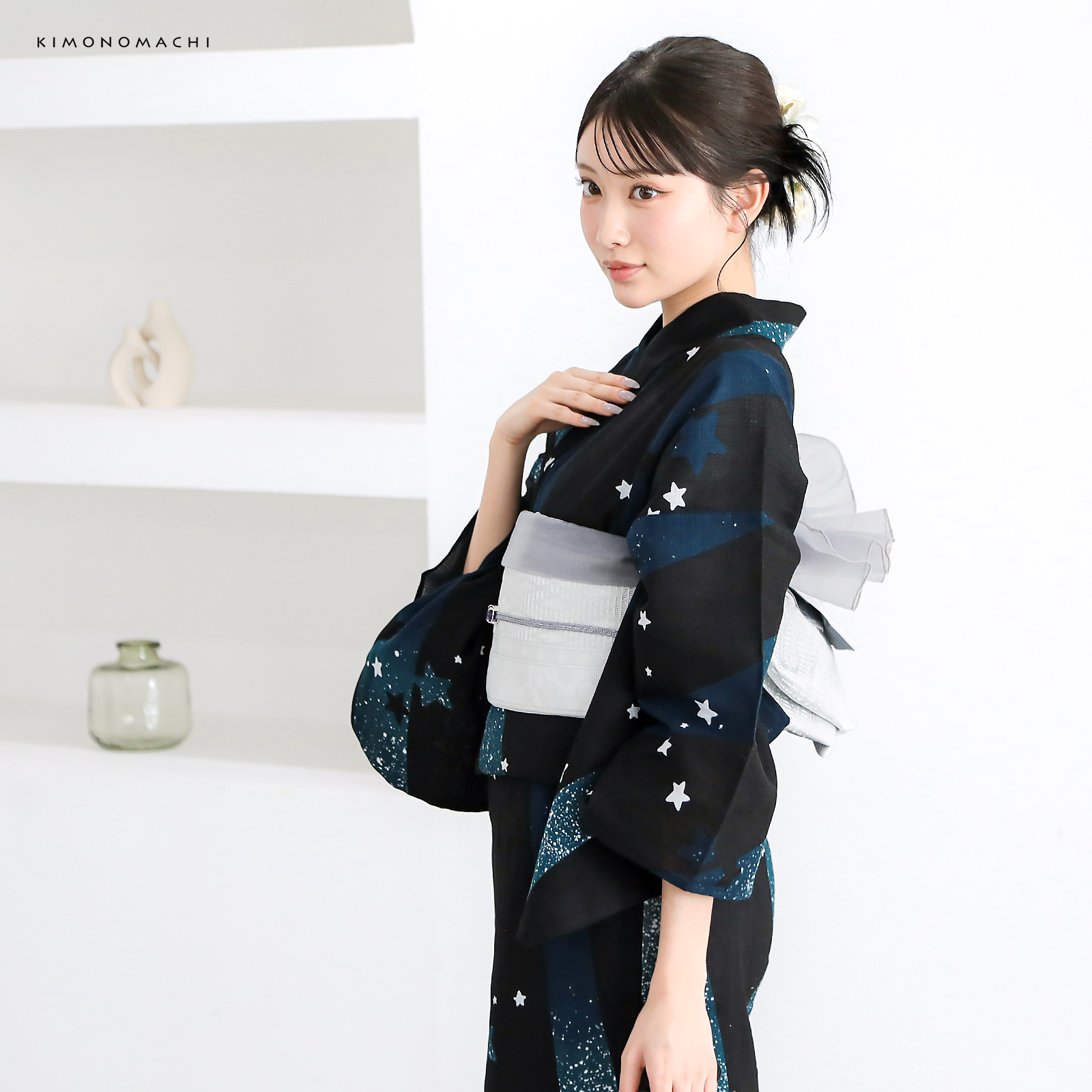 綿レディース浴衣：04天の川　ミッドナイトグリーン