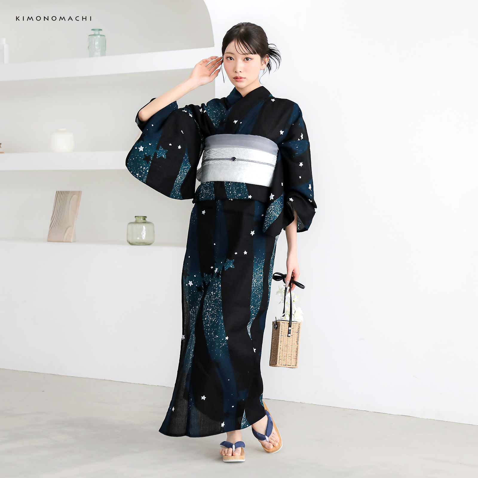 綿レディース浴衣：04天の川　ミッドナイトグリーン