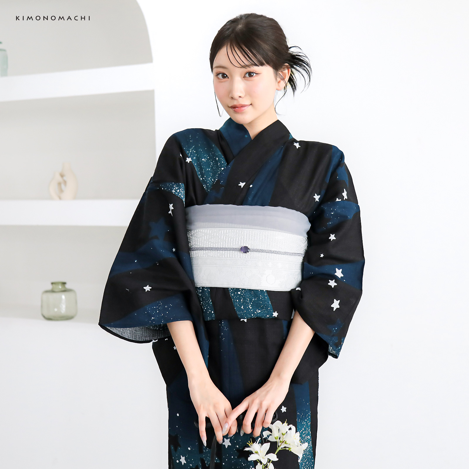 綿レディース浴衣：04天の川　ミッドナイトグリーン