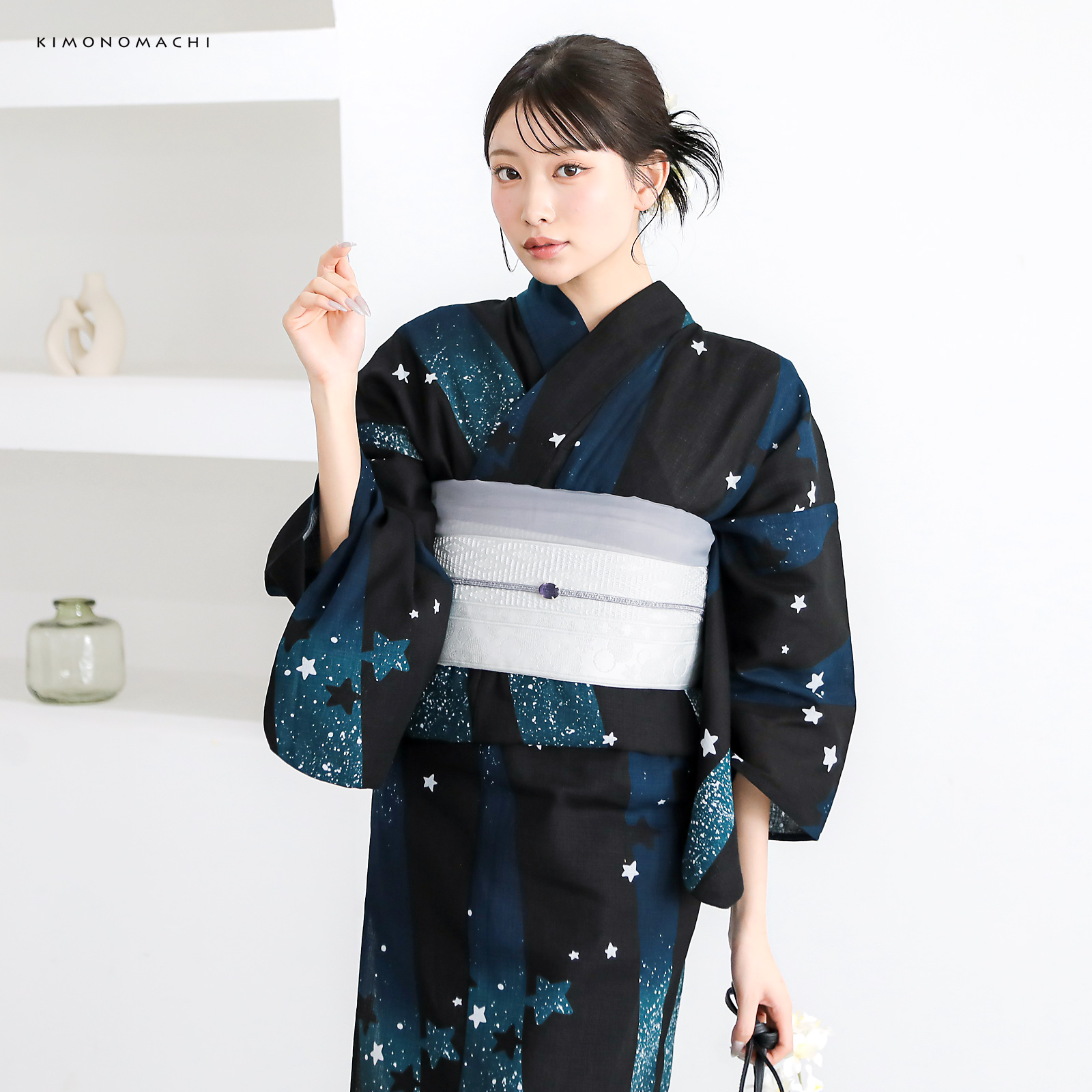 綿レディース浴衣：04天の川　ミッドナイトグリーン