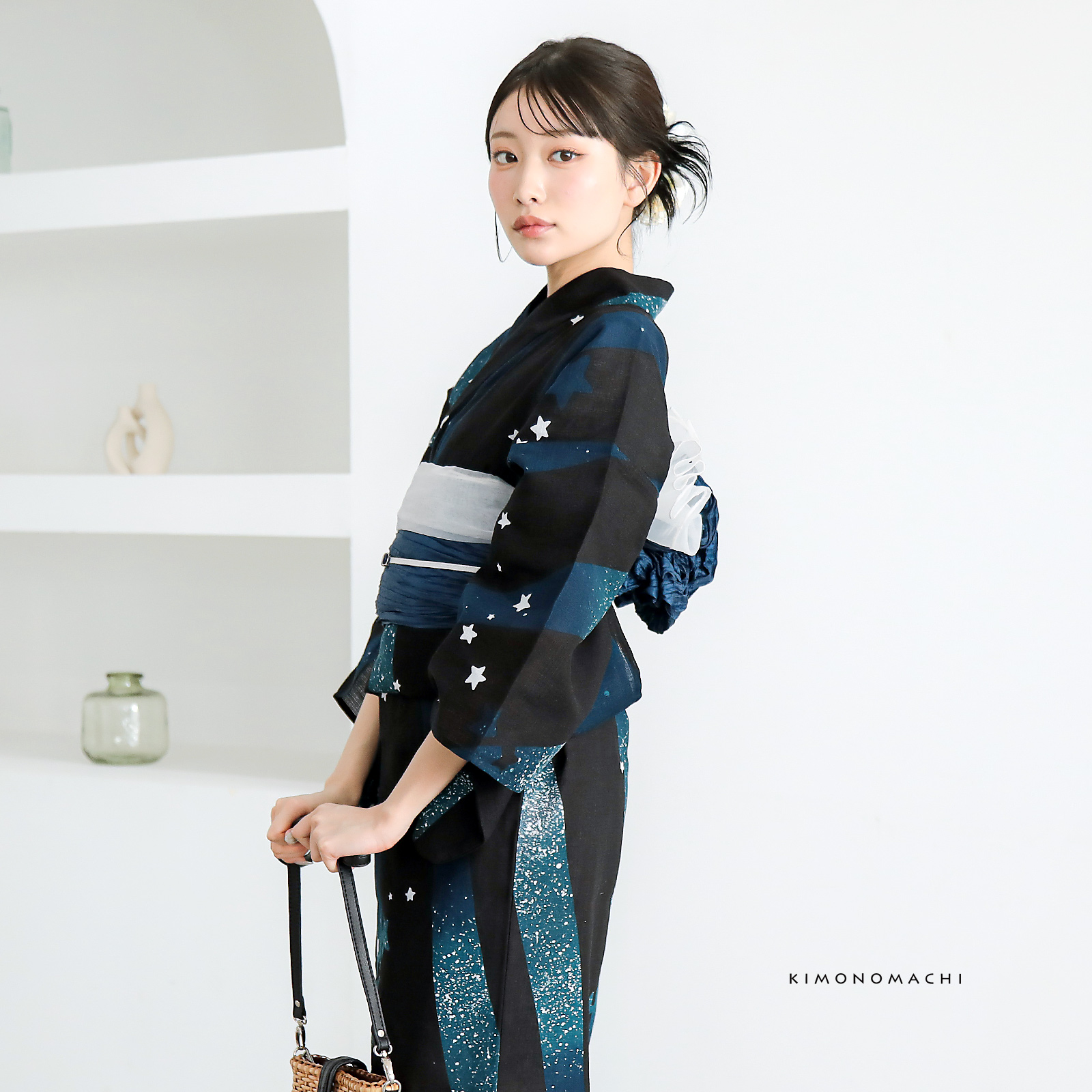 綿レディース浴衣：04天の川　ミッドナイトグリーン