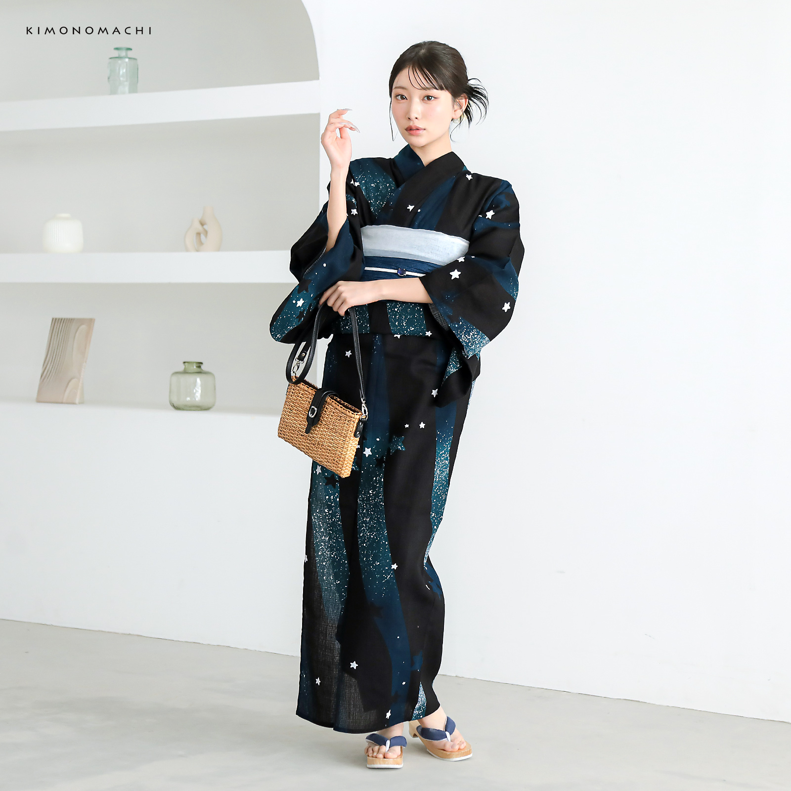 綿レディース浴衣：04天の川　ミッドナイトグリーン