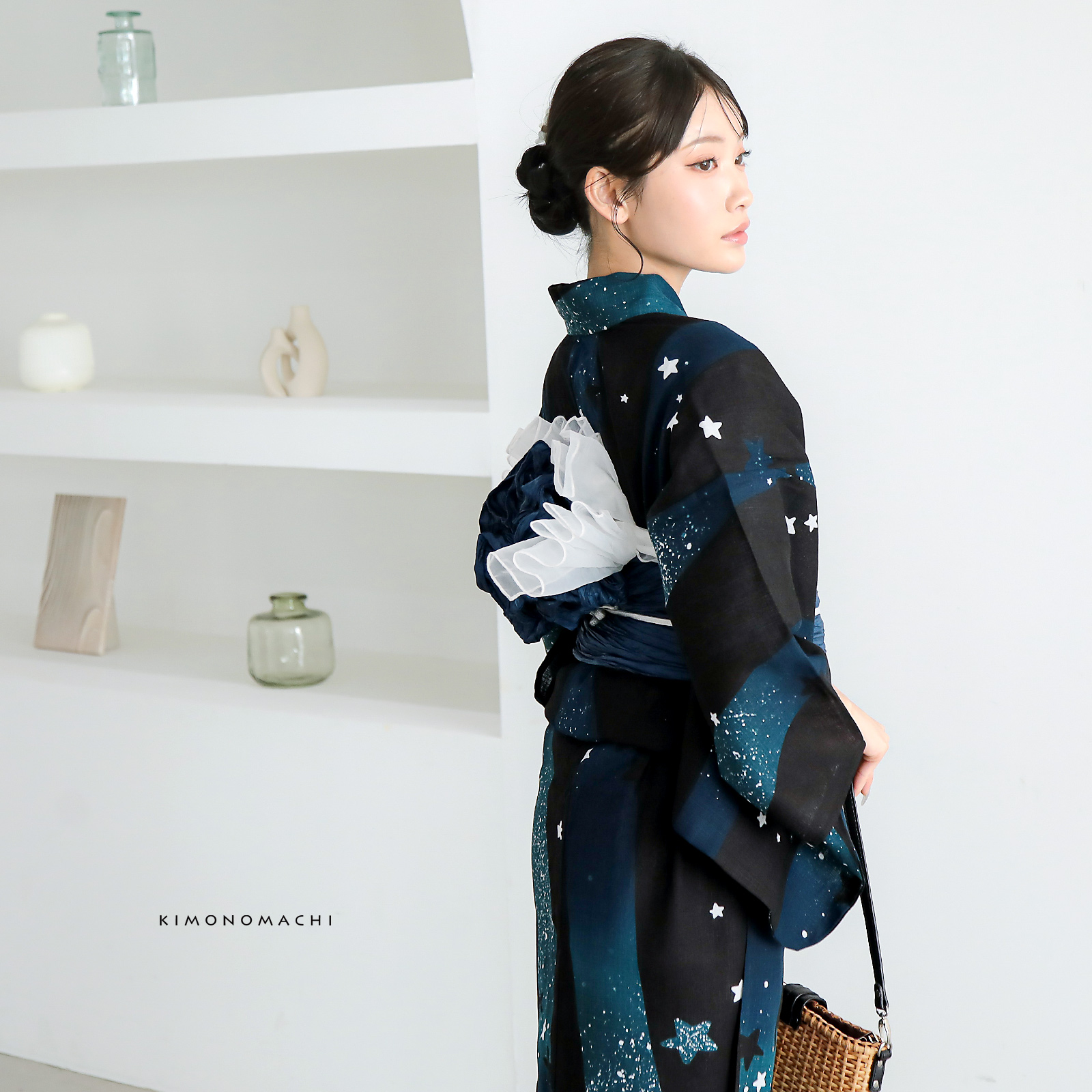 綿レディース浴衣：04天の川　ミッドナイトグリーン