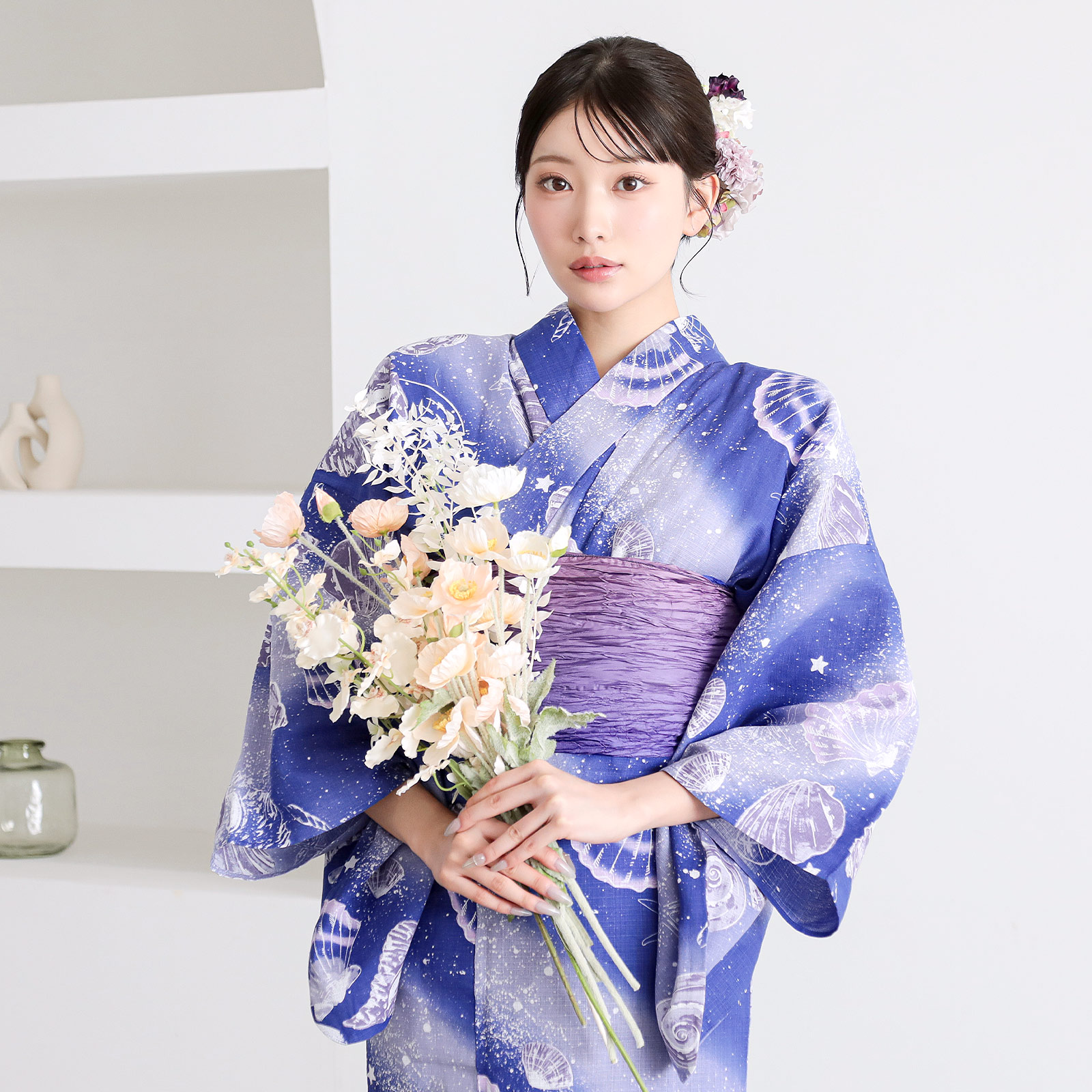 綿レディース浴衣：05貝殻　マリンブルー