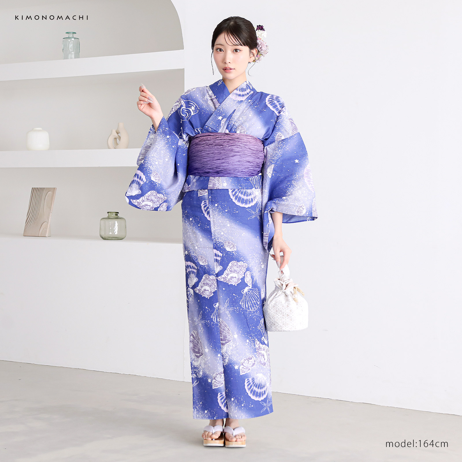 綿レディース浴衣：05貝殻　マリンブルー