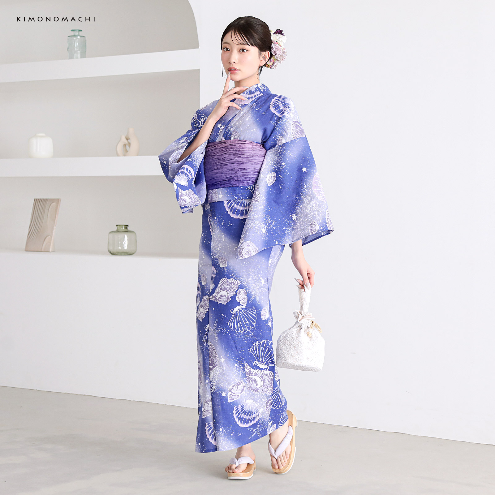 綿レディース浴衣：05貝殻　マリンブルー