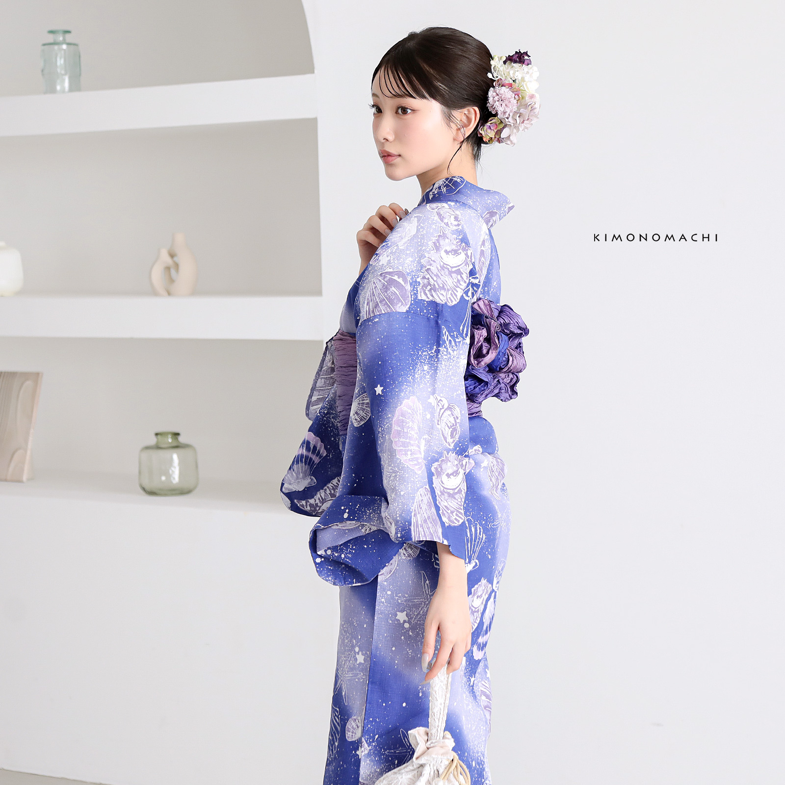 綿レディース浴衣：05貝殻　マリンブルー