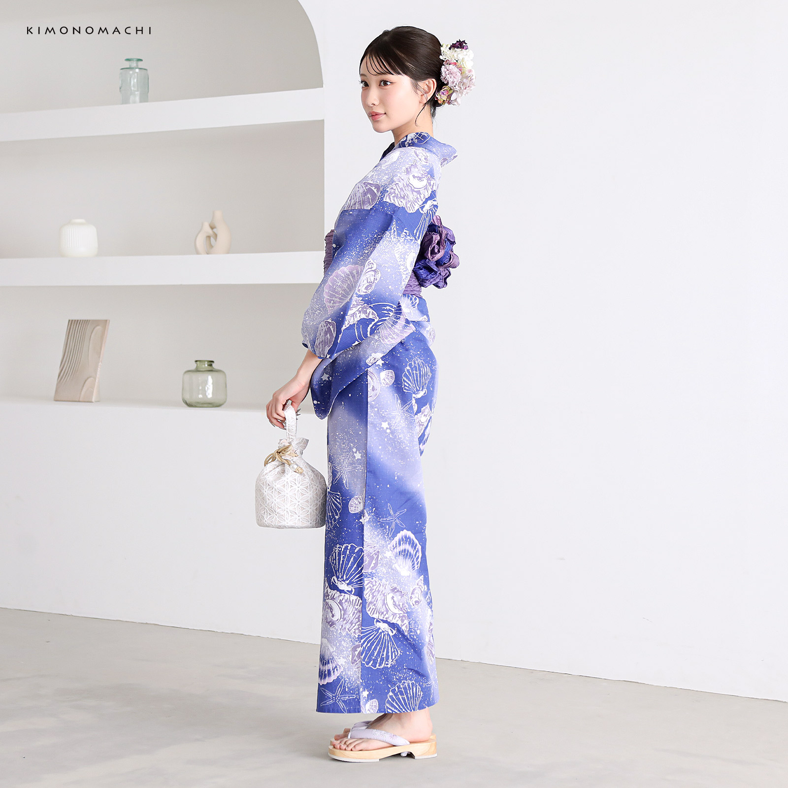 綿レディース浴衣：05貝殻　マリンブルー