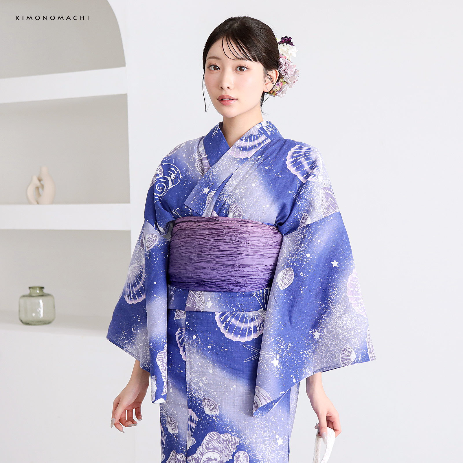 綿レディース浴衣：05貝殻　マリンブルー