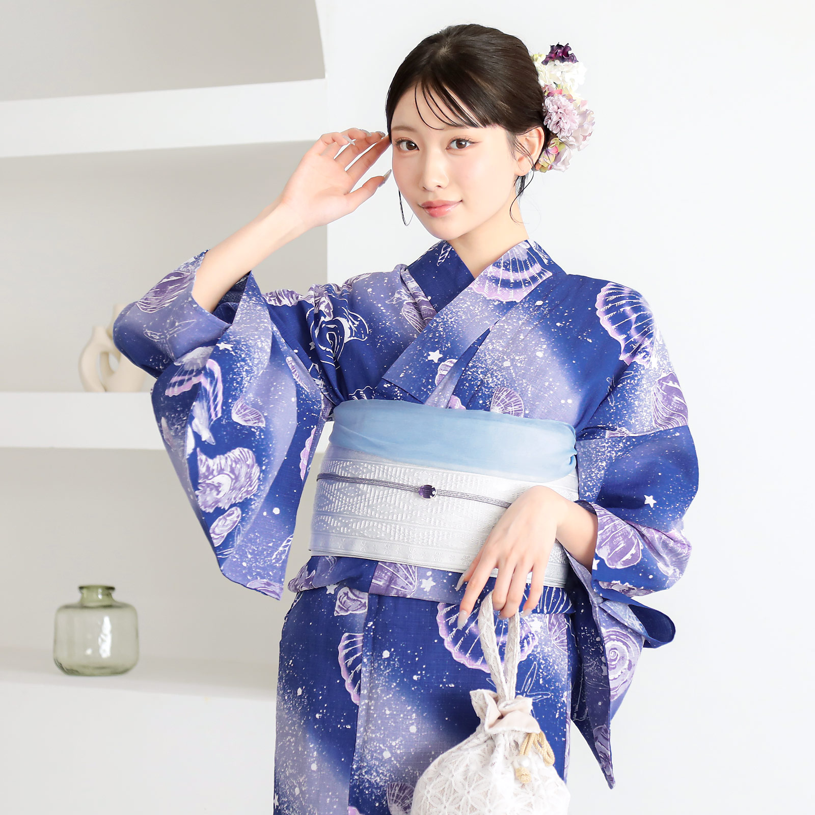 綿レディース浴衣：05貝殻　マリンブルー