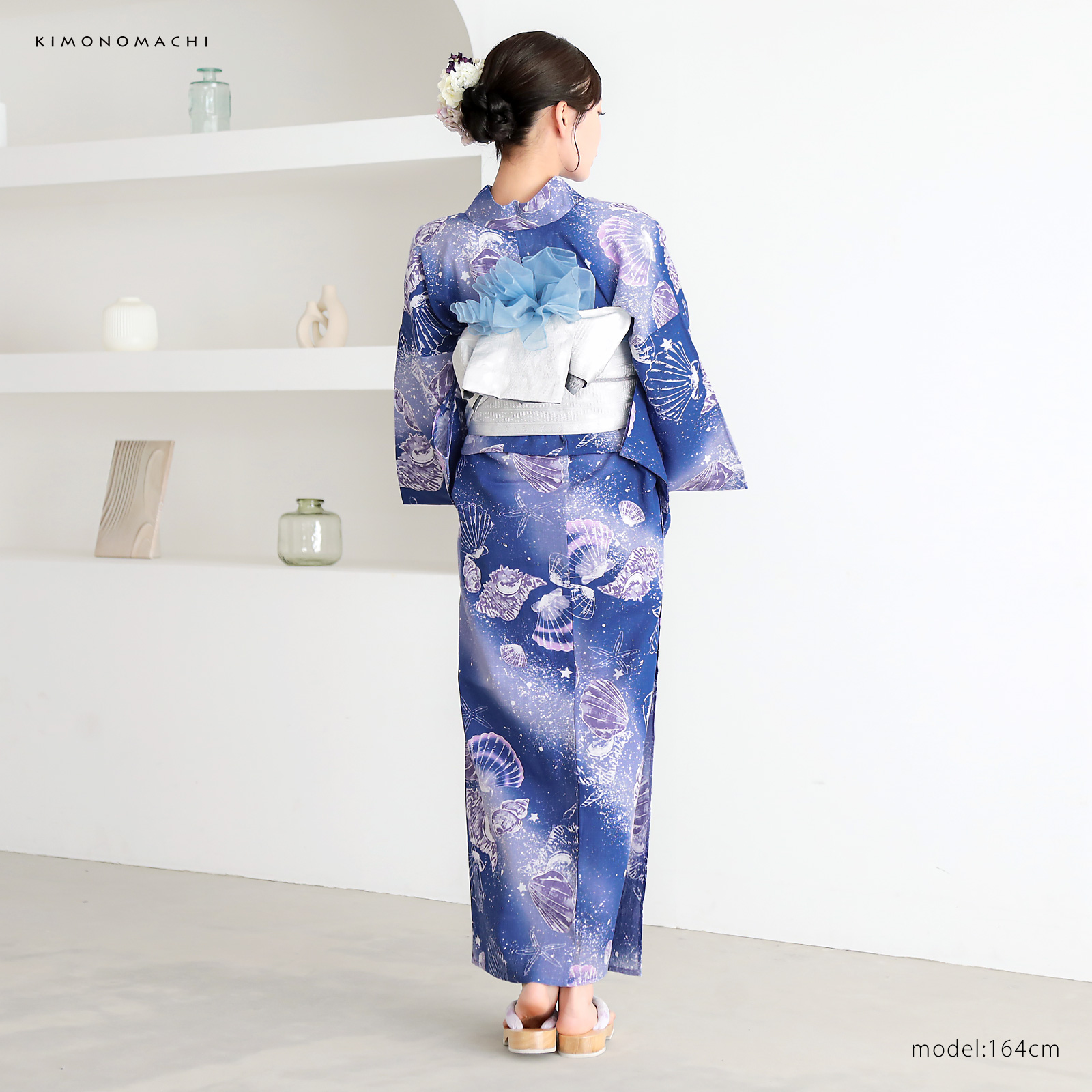 綿レディース浴衣：05貝殻　マリンブルー