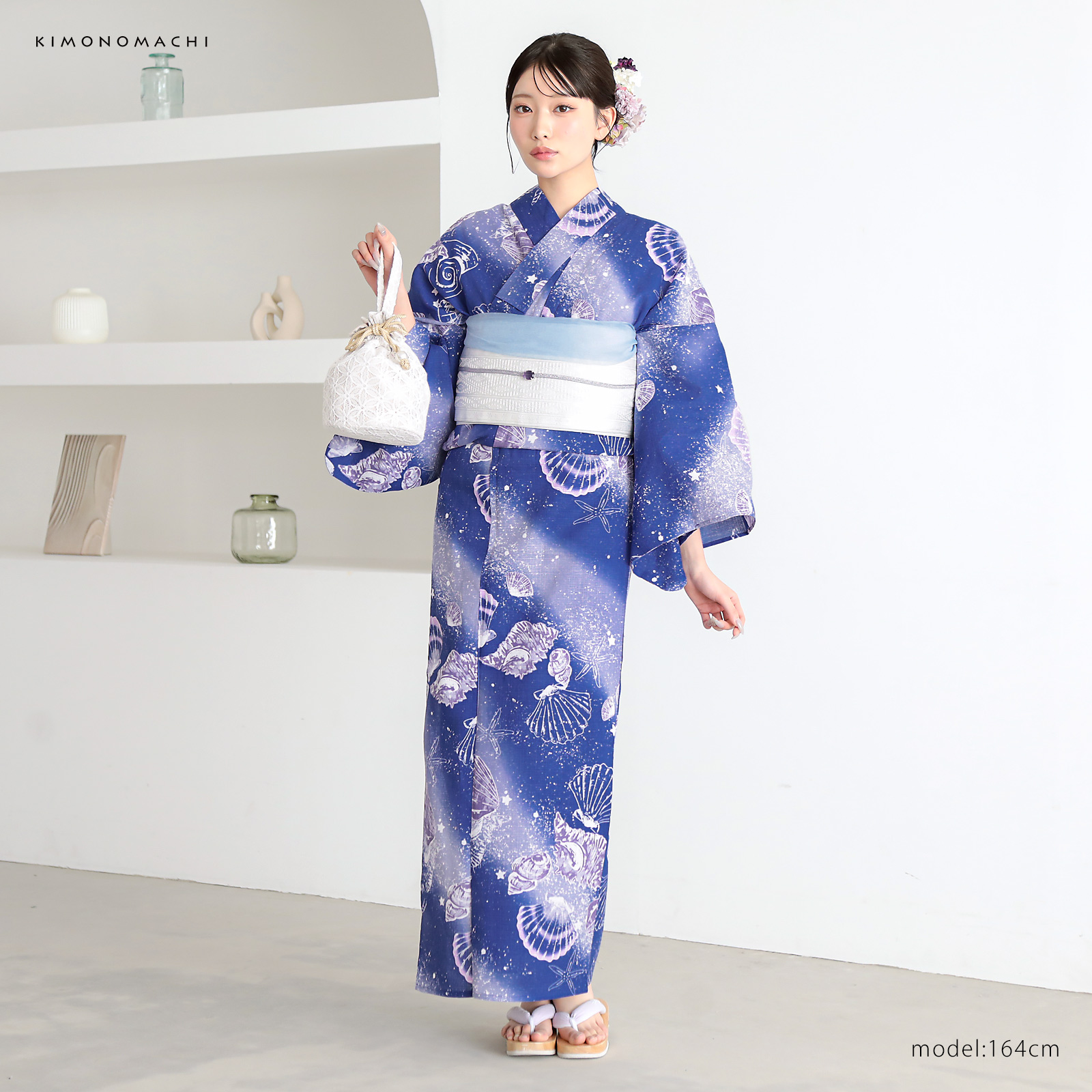 綿レディース浴衣：05貝殻　マリンブルー