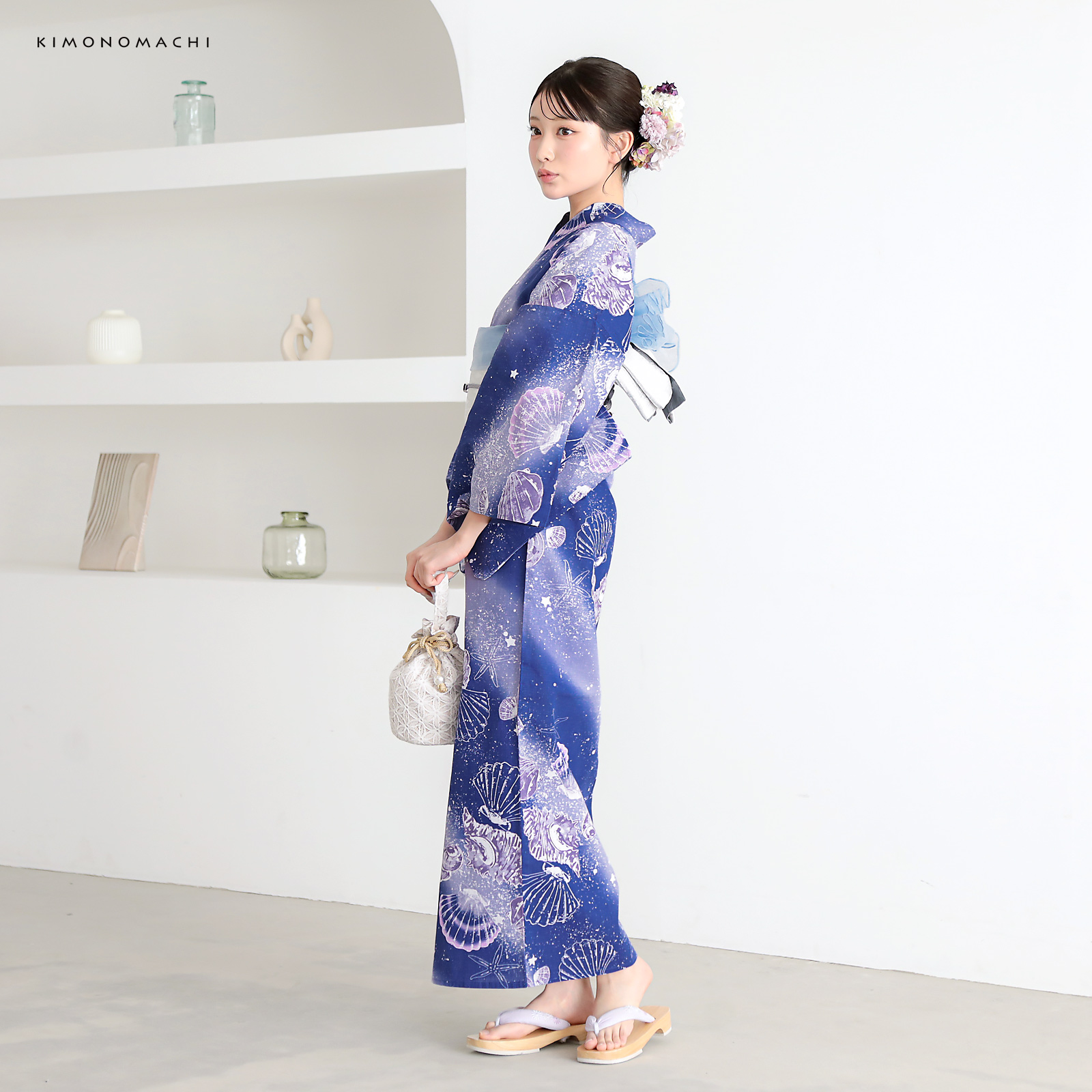 綿レディース浴衣：05貝殻　マリンブルー