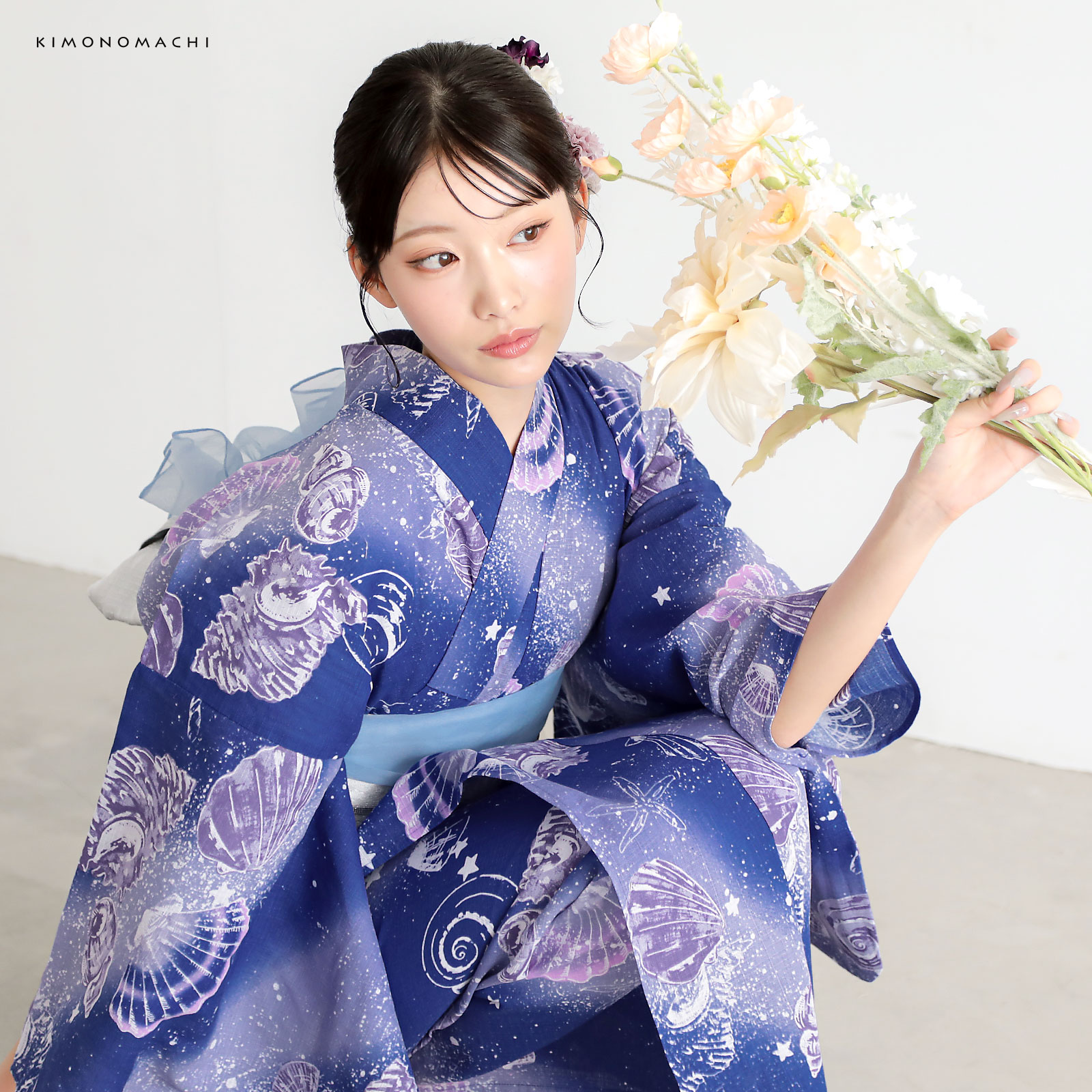 綿レディース浴衣：05貝殻　マリンブルー