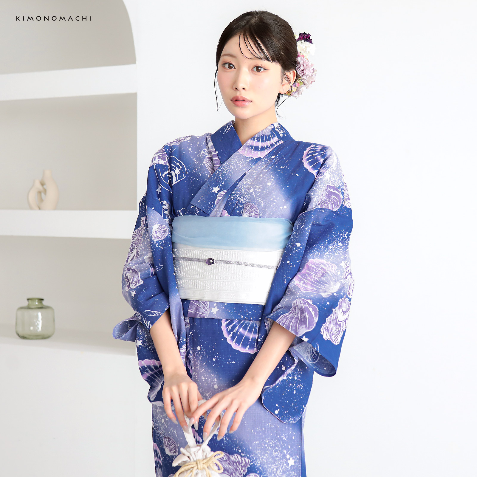 綿レディース浴衣：05貝殻　マリンブルー