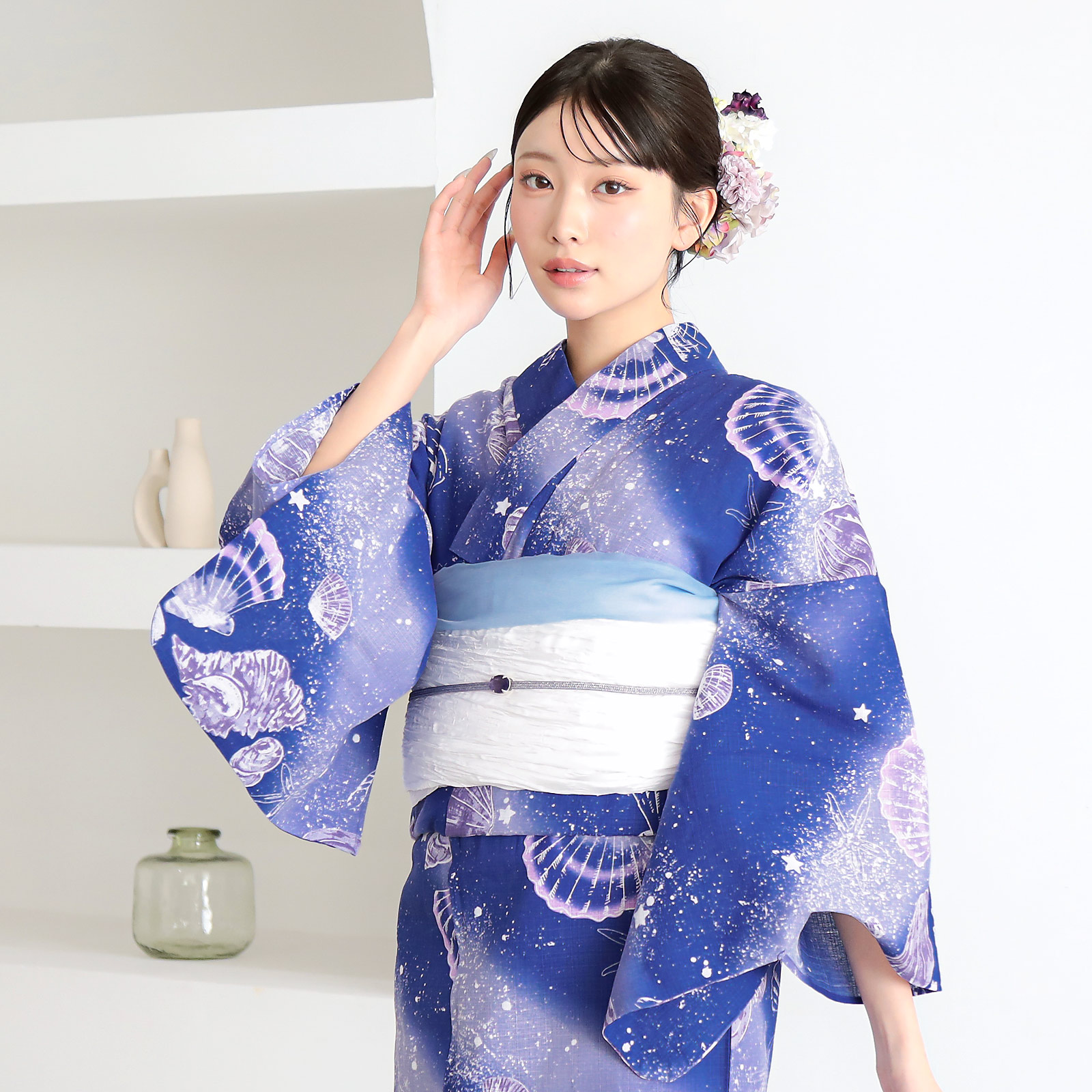 綿レディース浴衣：05貝殻　マリンブルー