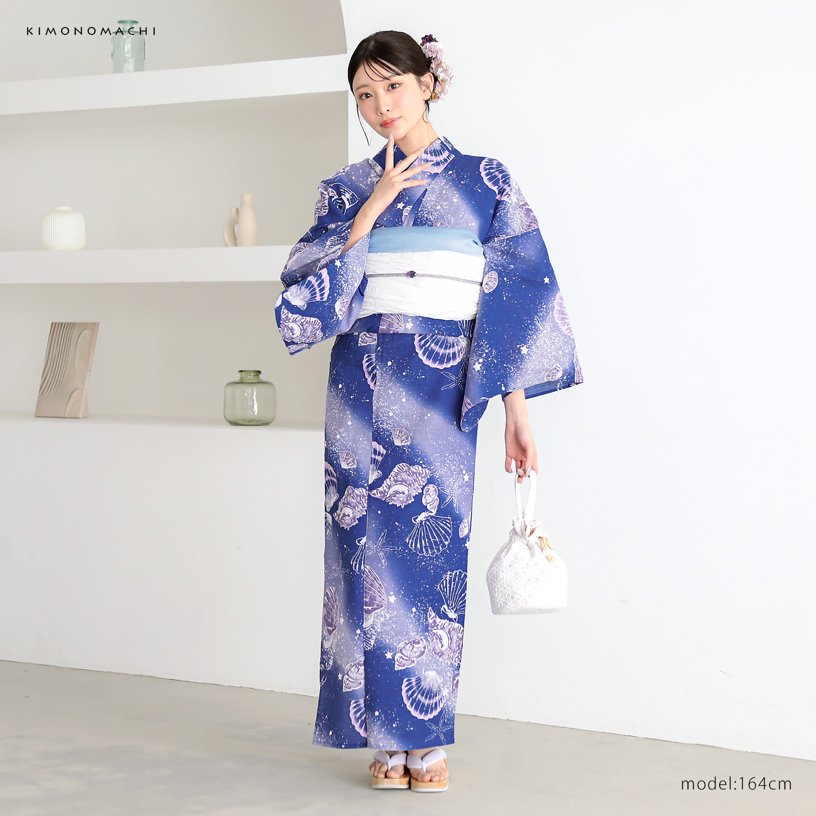 綿レディース浴衣：05貝殻　マリンブルー